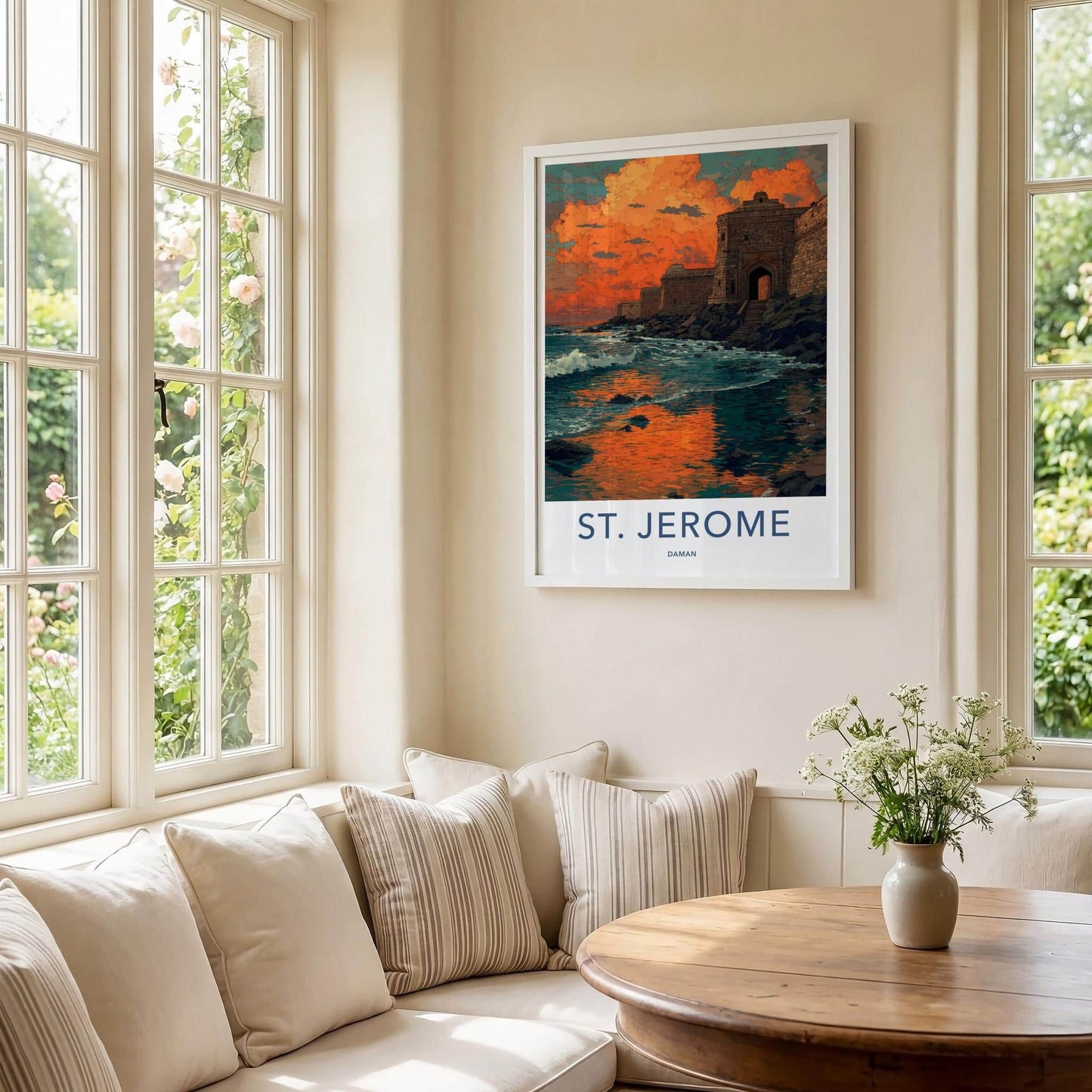 St. Jerome Poster - India Travel Art - Daman Fiery Coastal Sunset Wall Decor