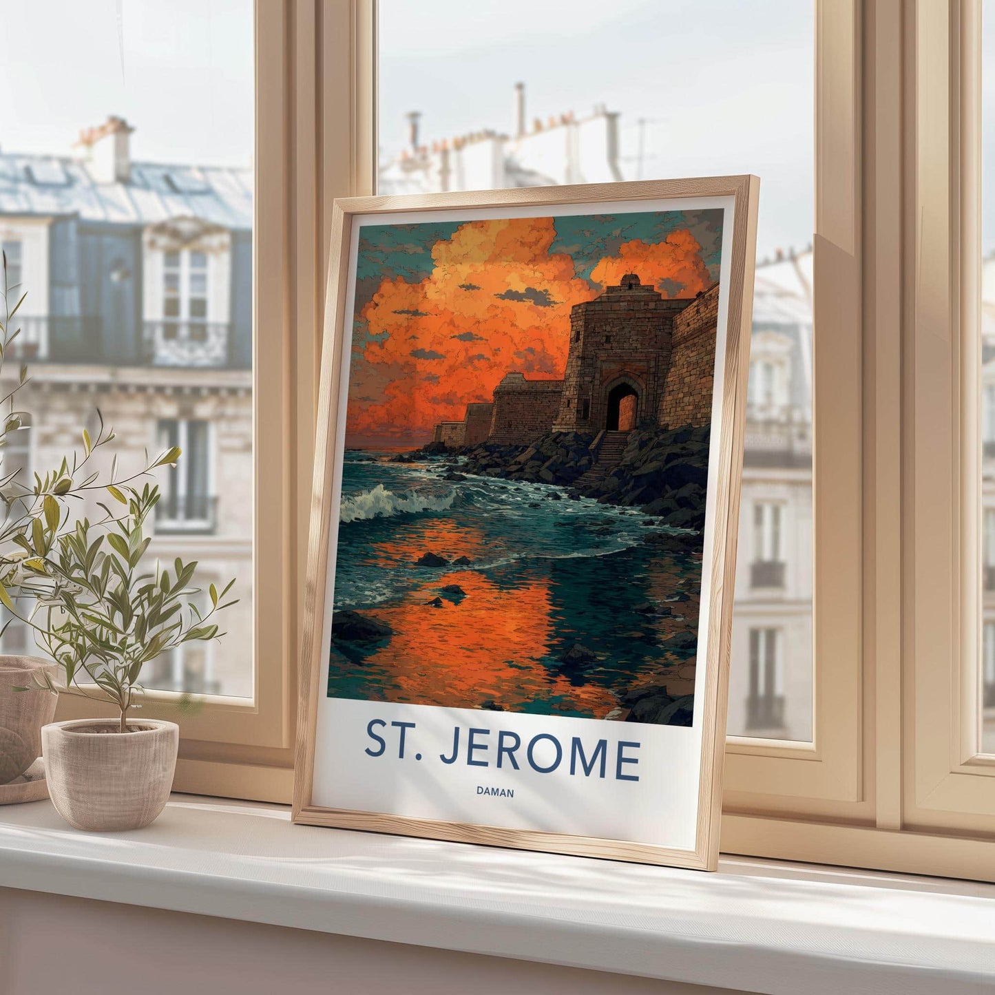 St. Jerome Poster - India Travel Art - Daman Fiery Coastal Sunset Wall Decor