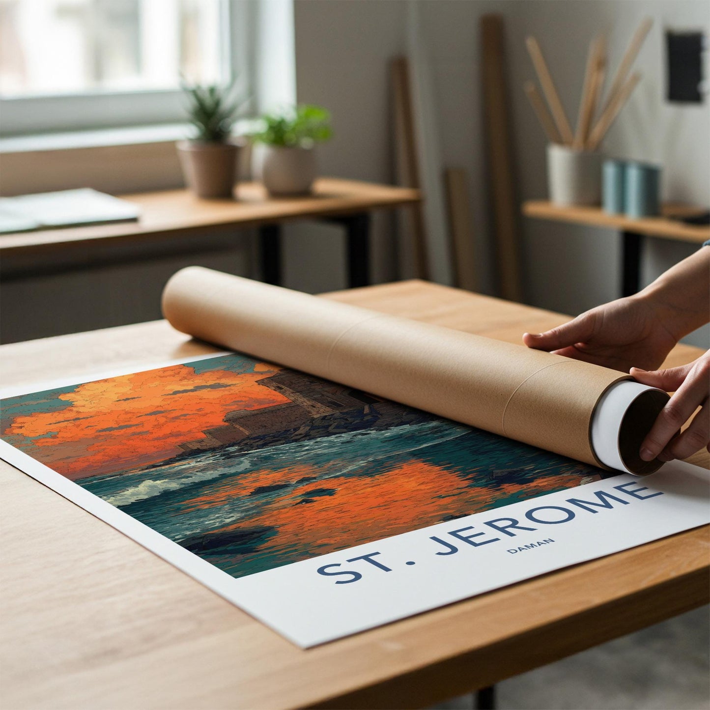 St. Jerome Poster - India Travel Art - Daman Fiery Coastal Sunset Wall Decor