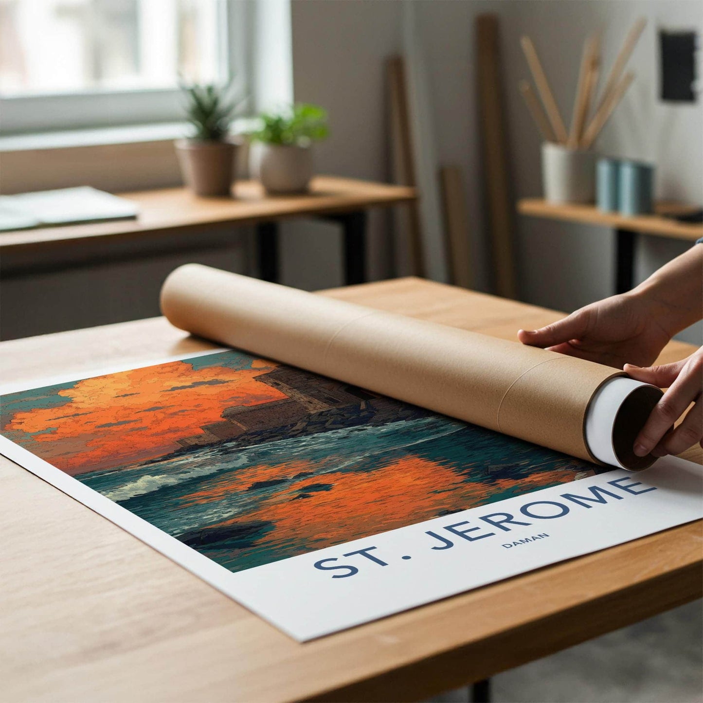 St. Jerome Poster - India Travel Art - Daman Fiery Coastal Sunset Wall Decor