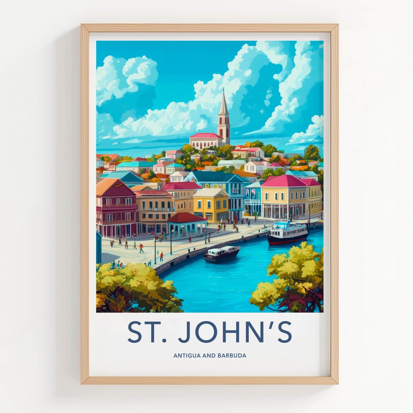 St Johns Poster - Antigua and Barbuda Travel Art - Colorful Waterfront City Home Decor