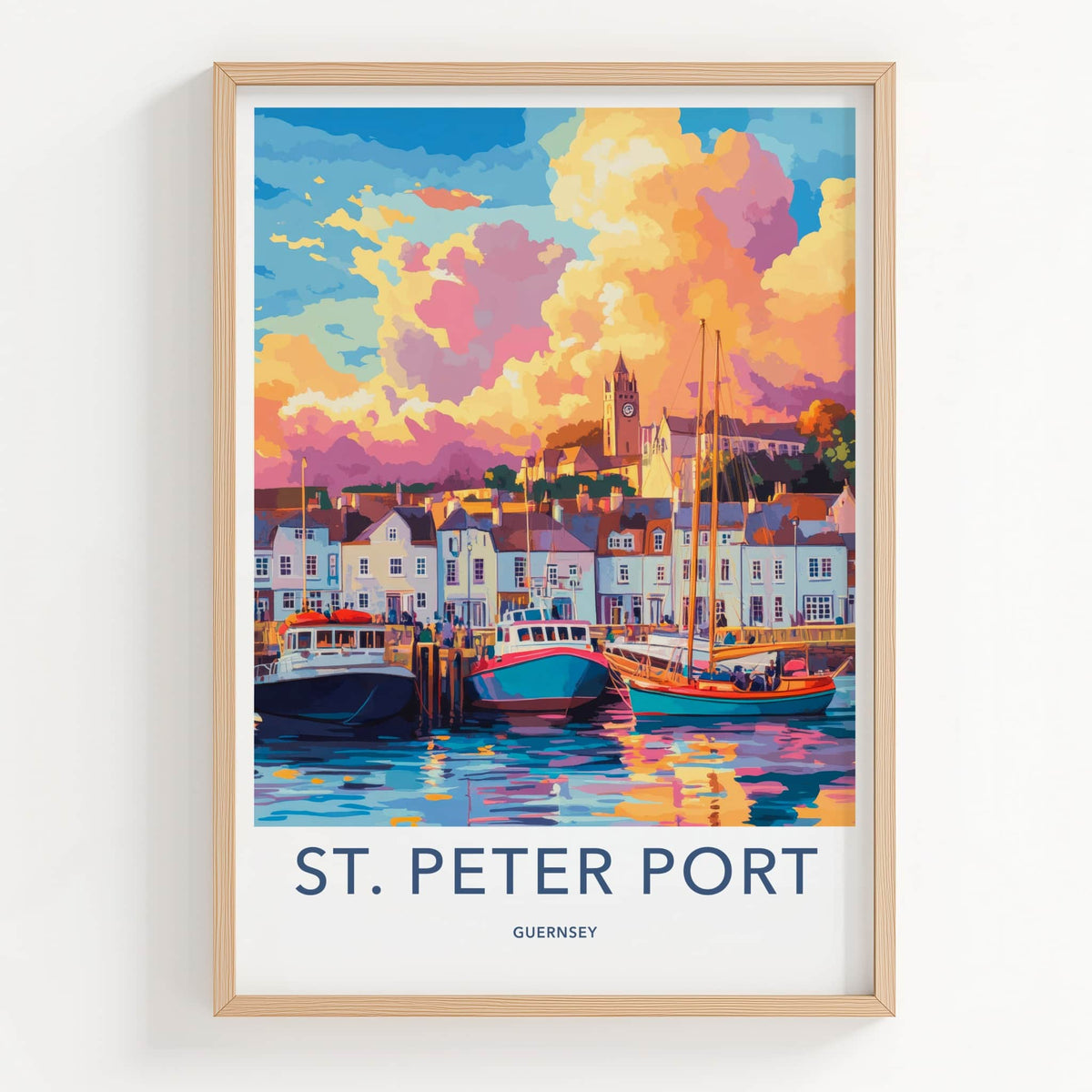 St Peter Port Poster - Guernsey Art Print - Harbor Boats Sunset Wall Decor