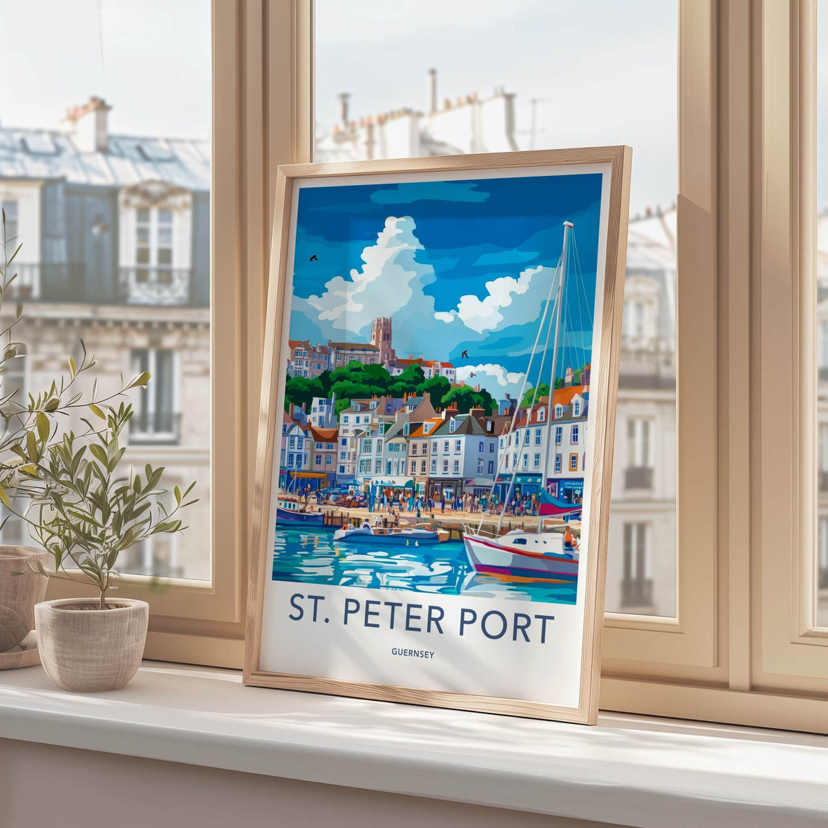 St Peter Port Poster - Guernsey Travel Art - Colorful Harbor Town Wall Decor