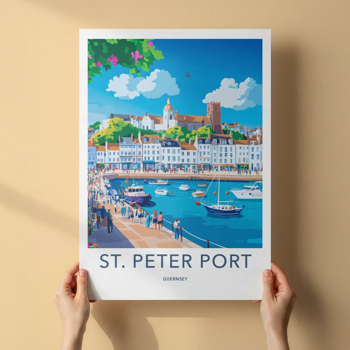 St Peter Port Poster - Guernsey Travel Art - Vibrant Waterfront Buildings Home Decor