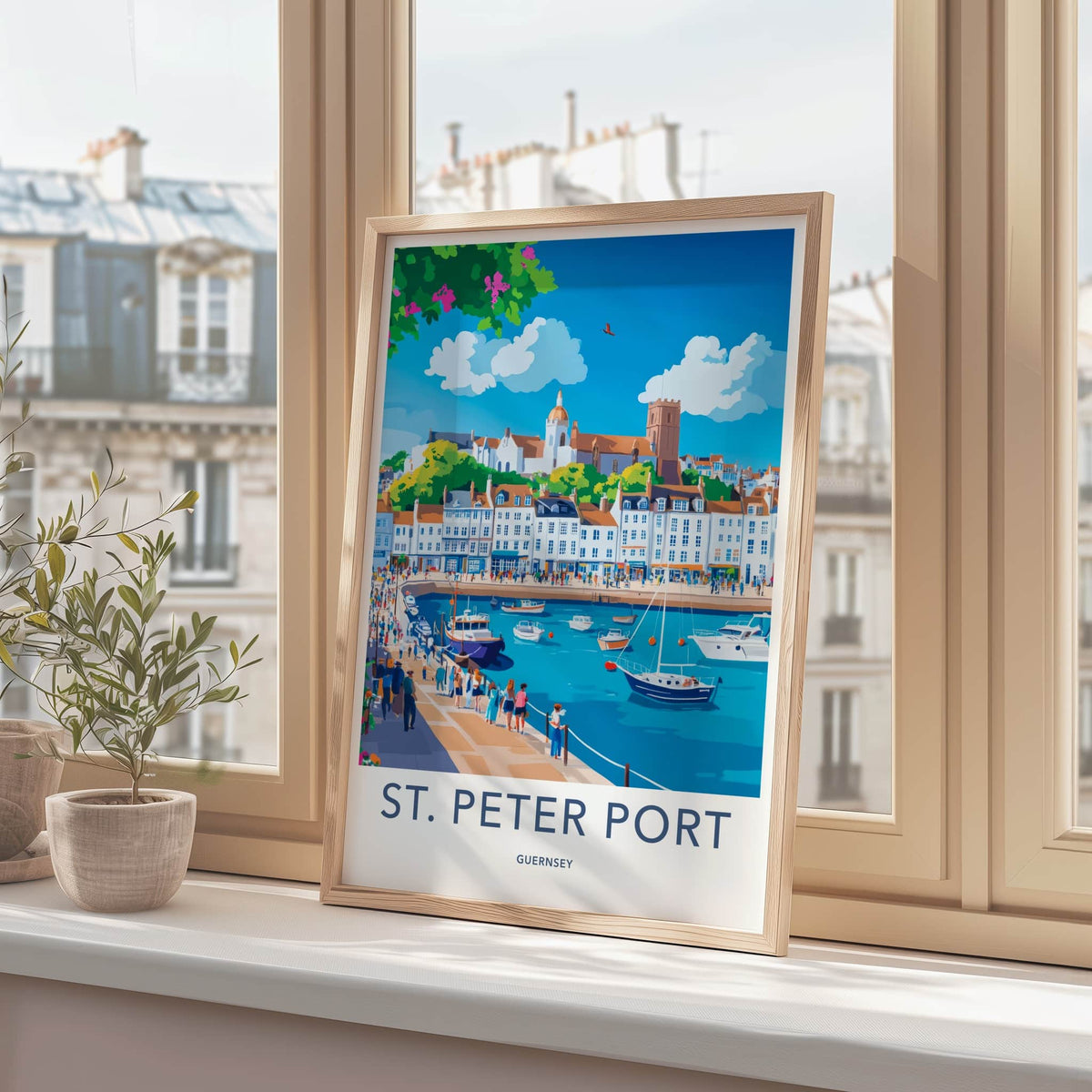 St Peter Port Poster - Guernsey Travel Art - Vibrant Waterfront Buildings Home Decor