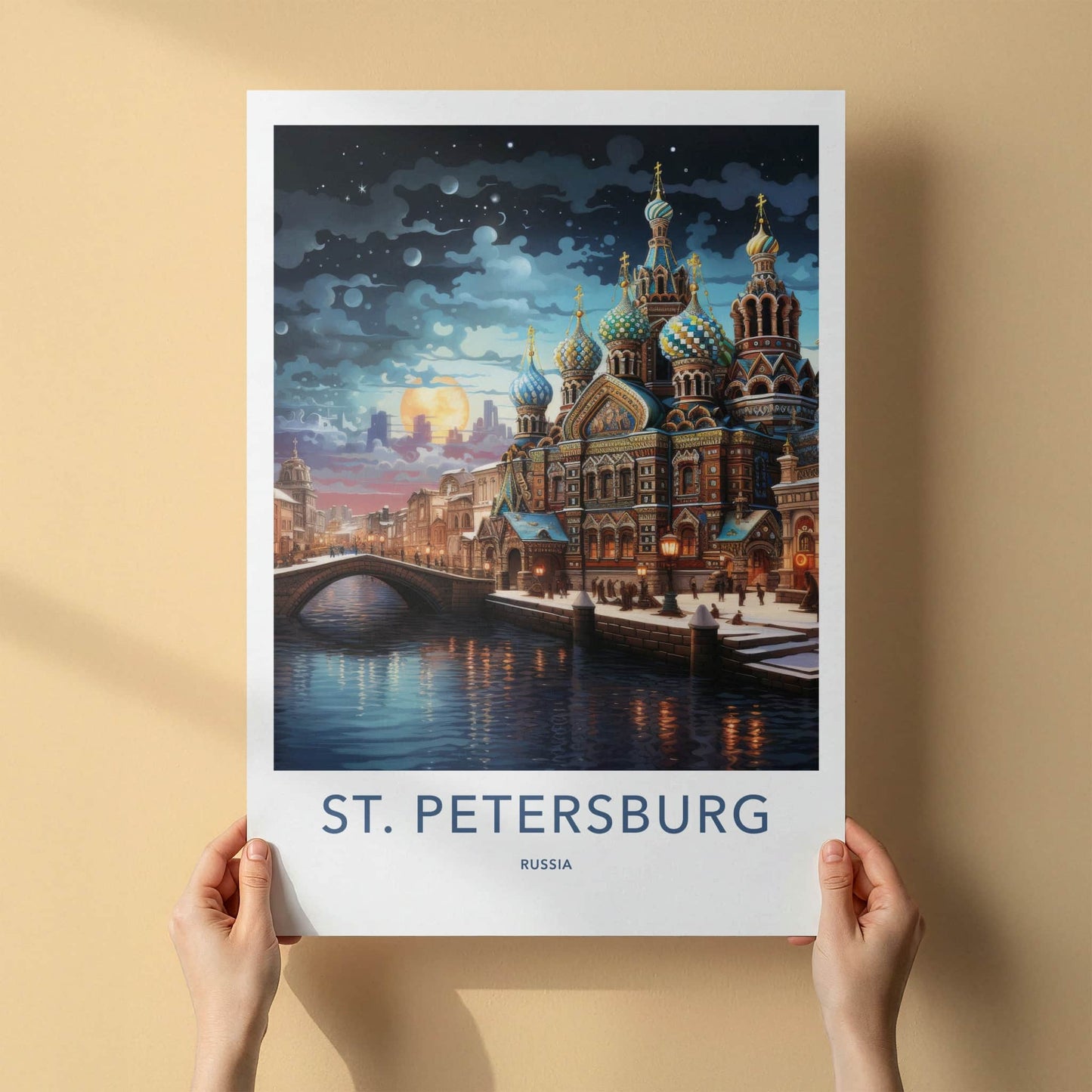 St Petersburg Poster - Russia Travel Art - Moonlit Spire Canal Home Decor