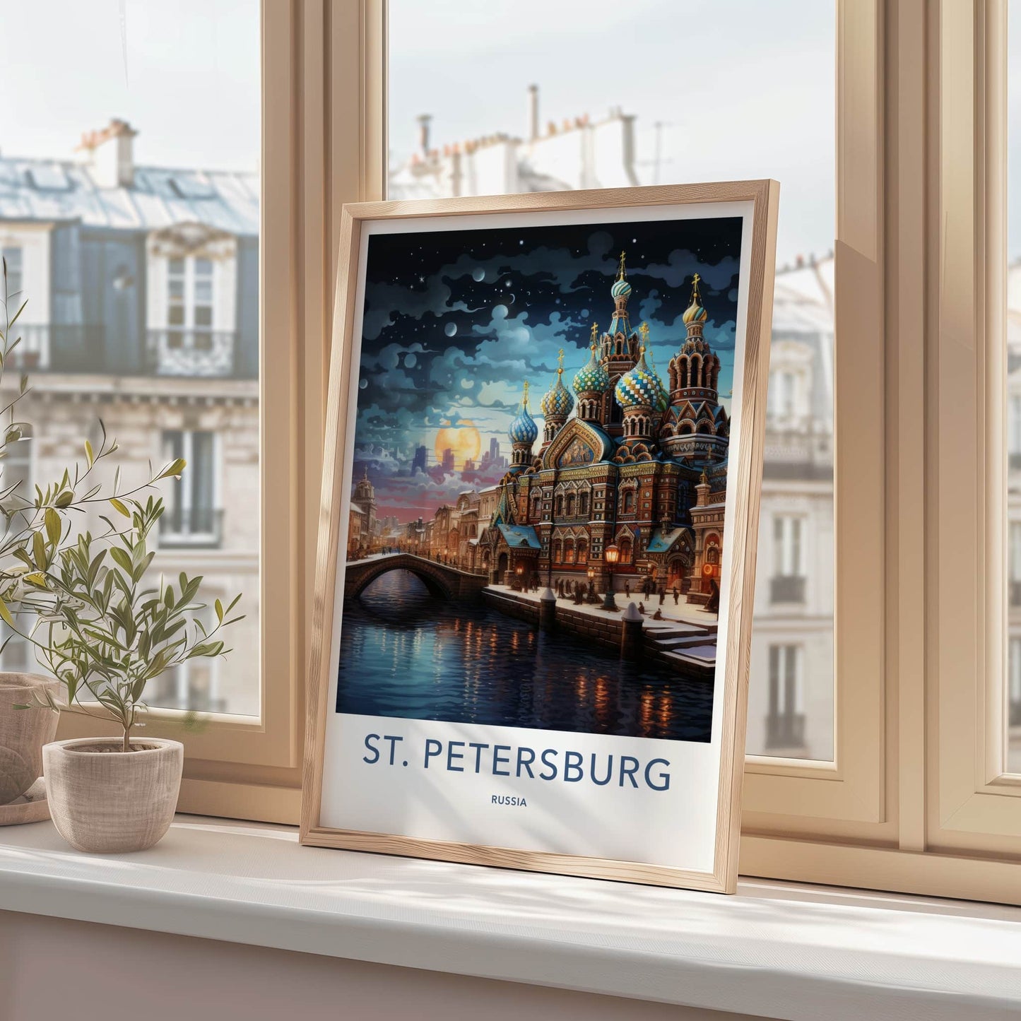St Petersburg Poster - Russia Travel Art - Moonlit Spire Canal Home Decor