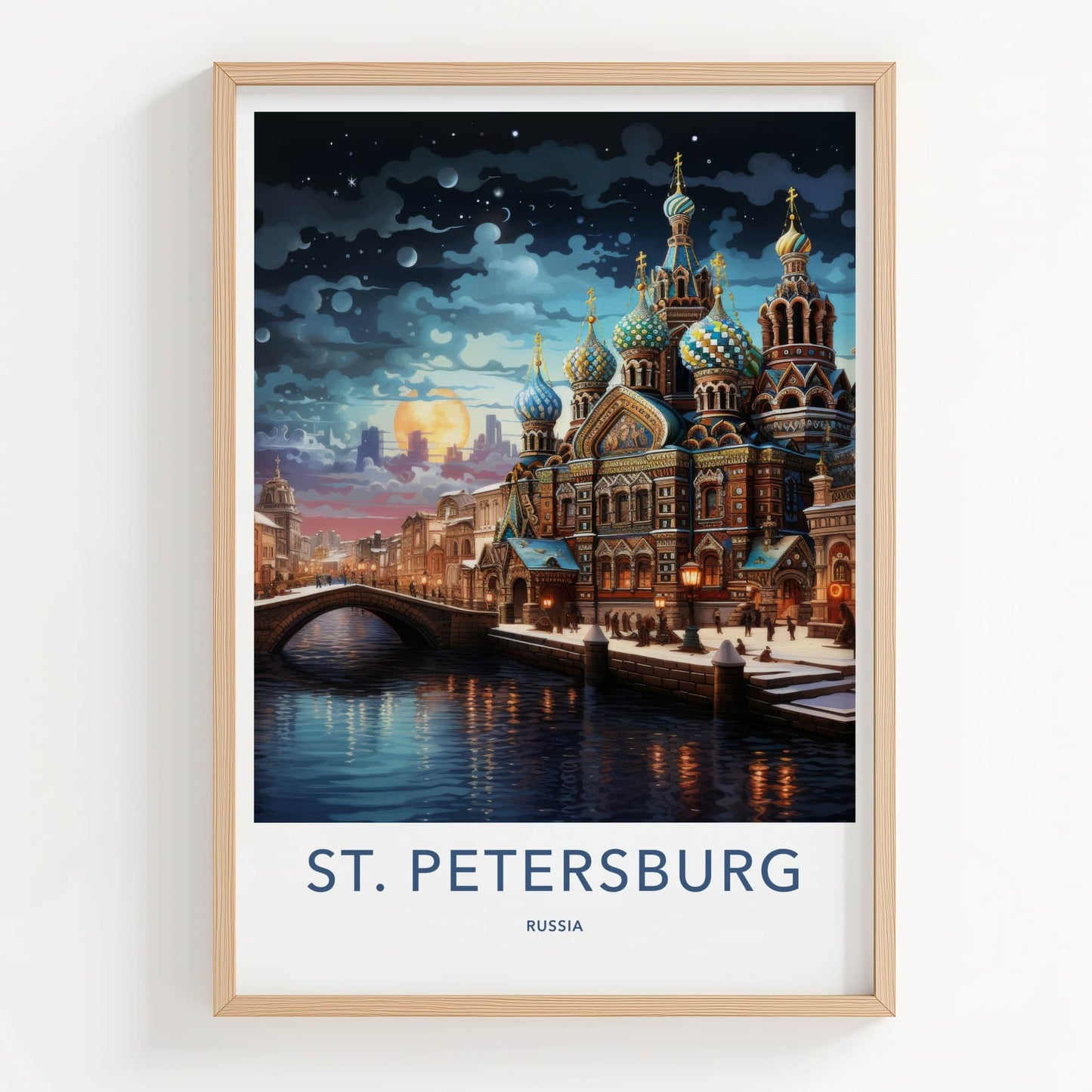 St Petersburg Poster - Russia Travel Art - Moonlit Spire Canal Home Decor