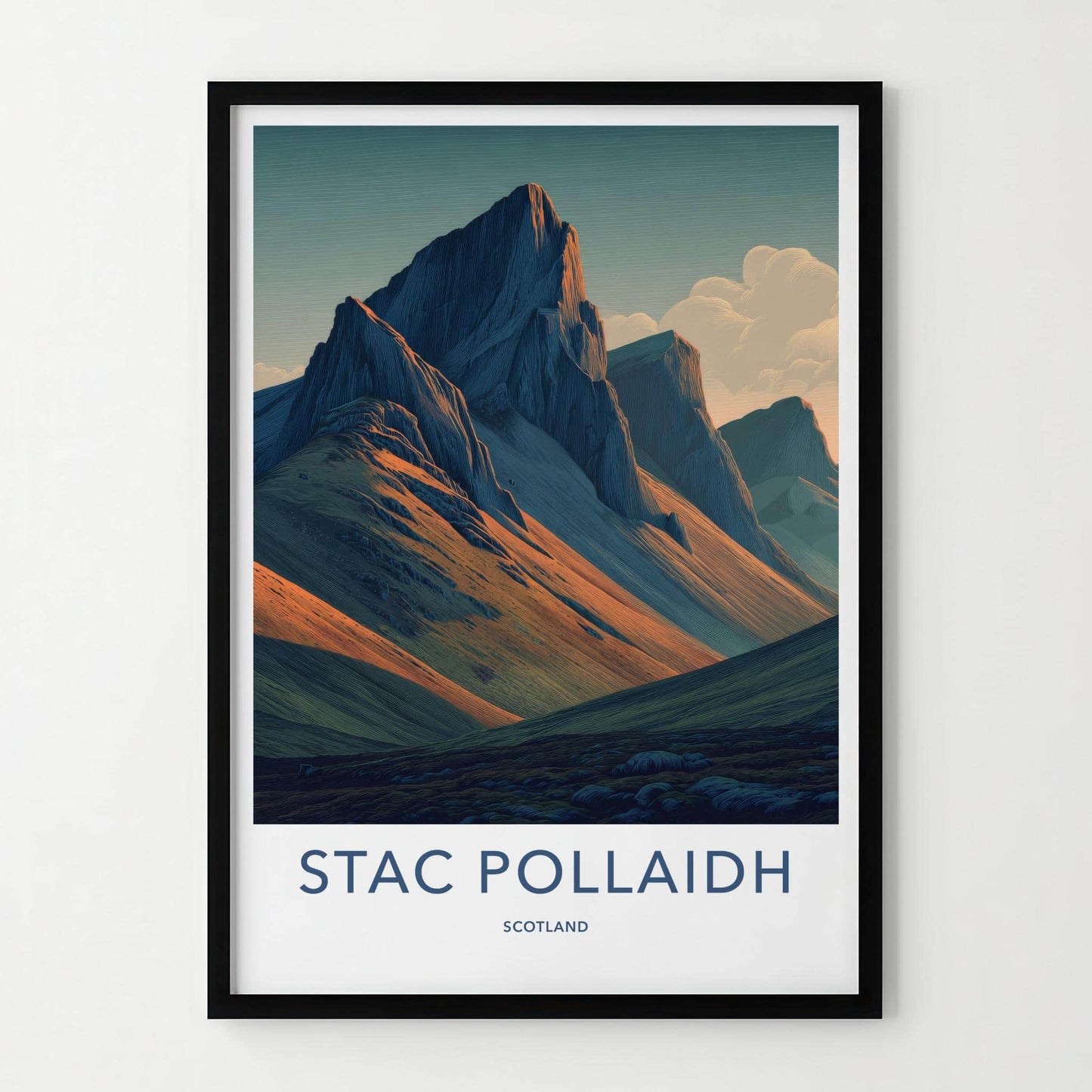 Stac Pollaidh Poster - Scotland Travel Art - Sunlit Mountain Slopes Home Decor
