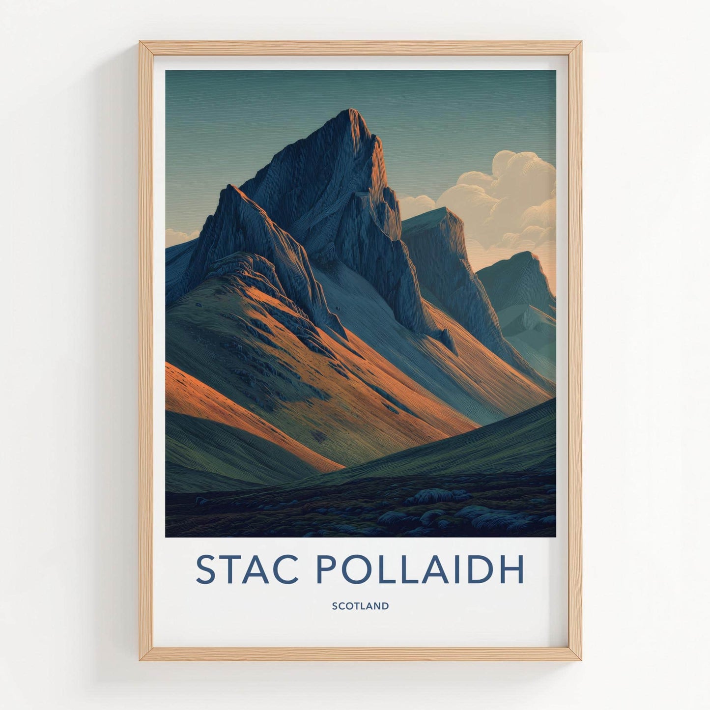 Stac Pollaidh Poster - Scotland Travel Art - Sunlit Mountain Slopes Home Decor