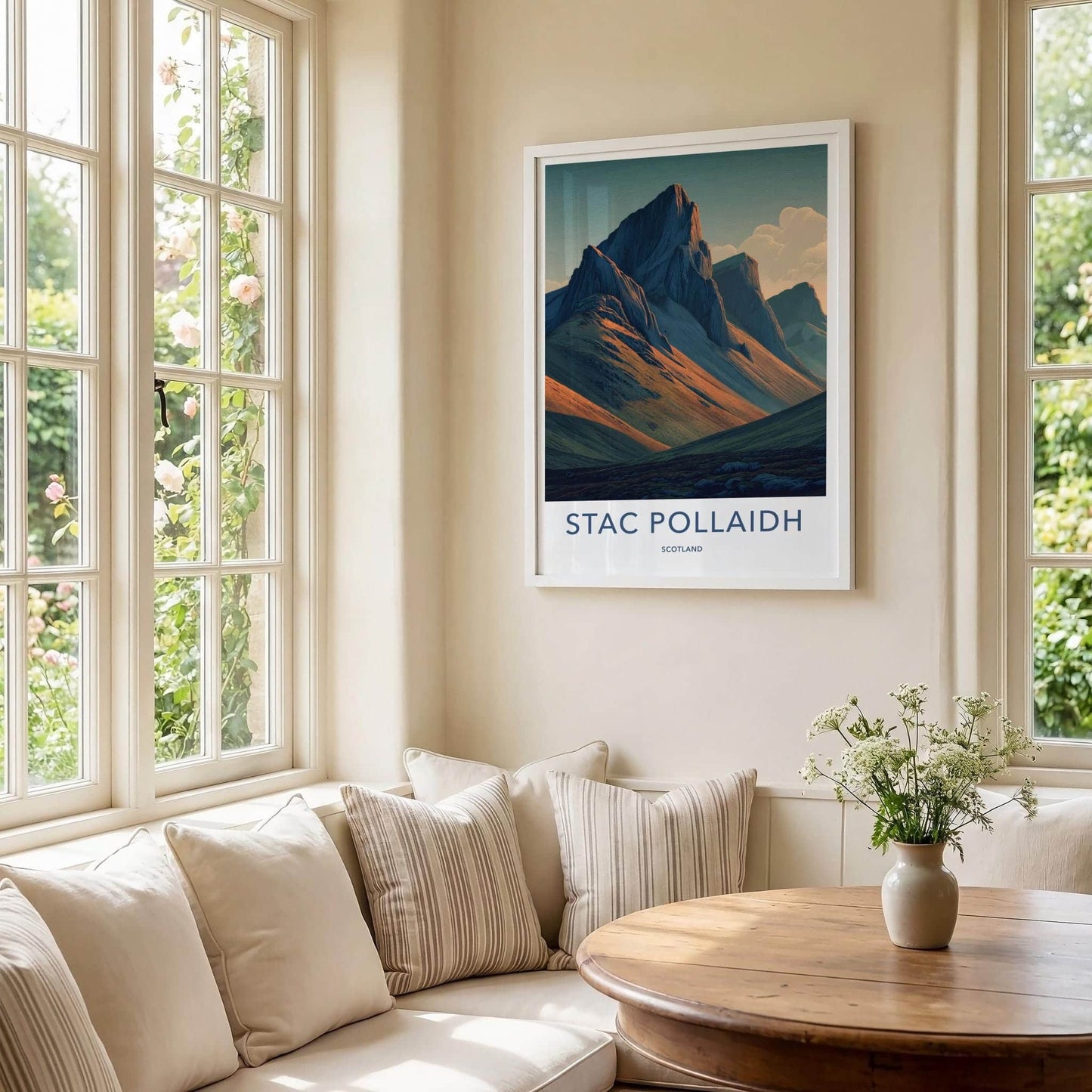 Stac Pollaidh Poster - Scotland Travel Art - Sunlit Mountain Slopes Home Decor