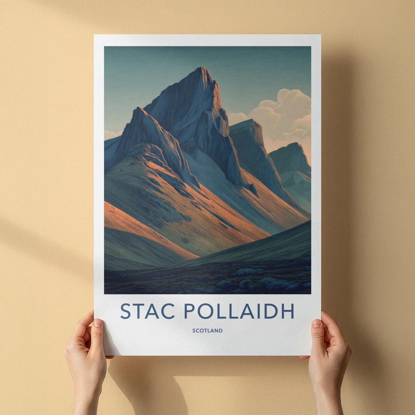 Stac Pollaidh Poster - Scotland Travel Art - Sunlit Mountain Slopes Home Decor