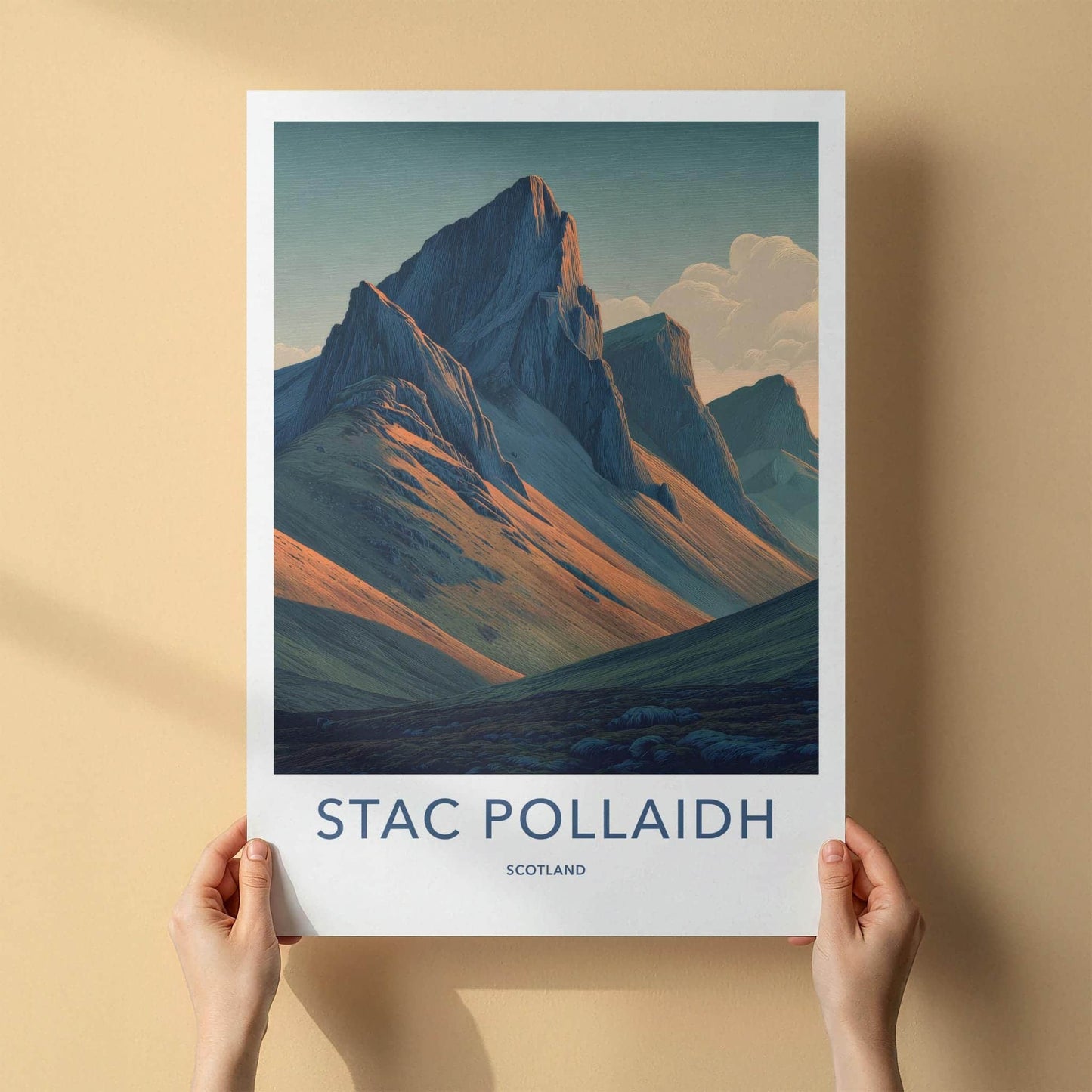 Stac Pollaidh Poster - Scotland Travel Art - Sunlit Mountain Slopes Home Decor