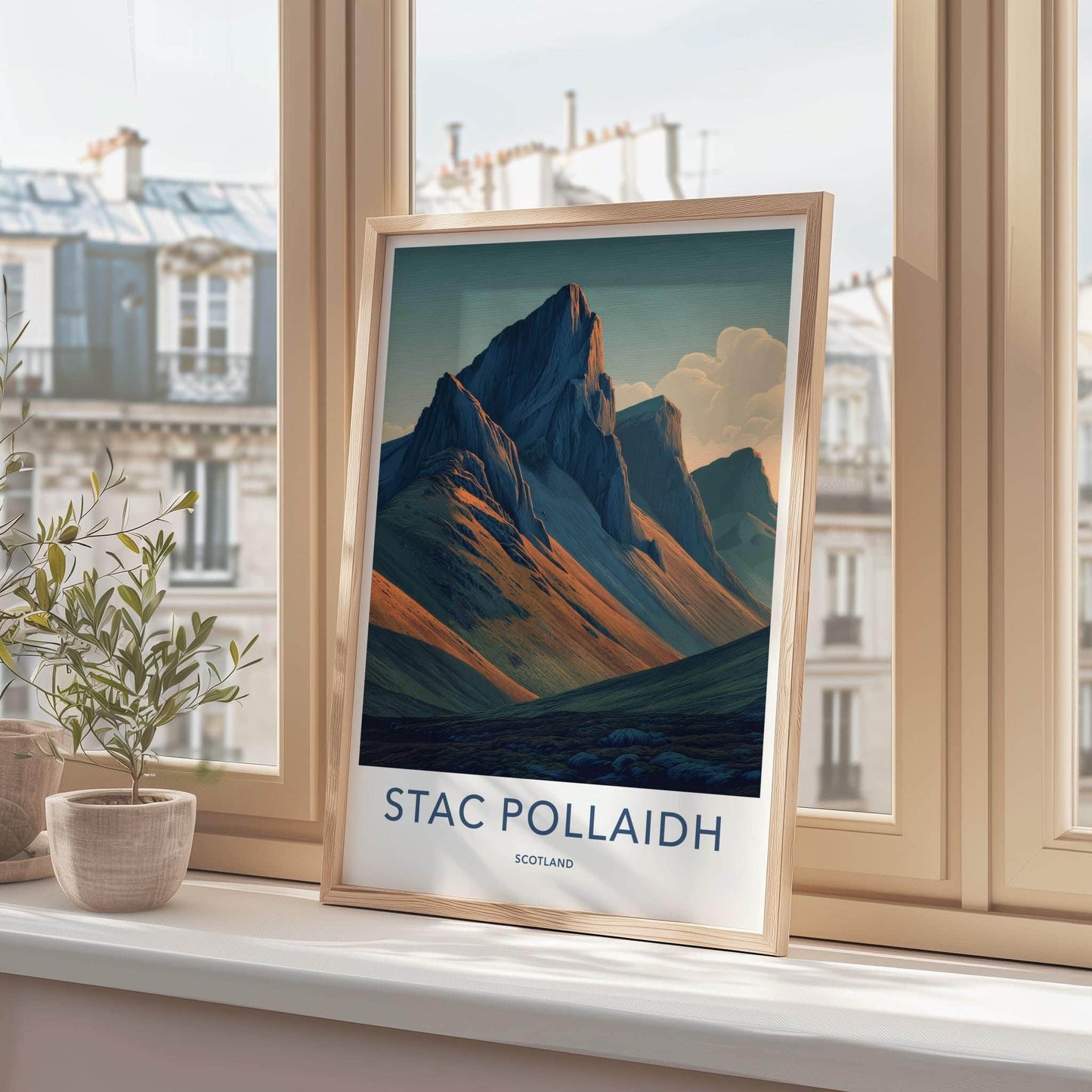 Stac Pollaidh Poster - Scotland Travel Art - Sunlit Mountain Slopes Home Decor