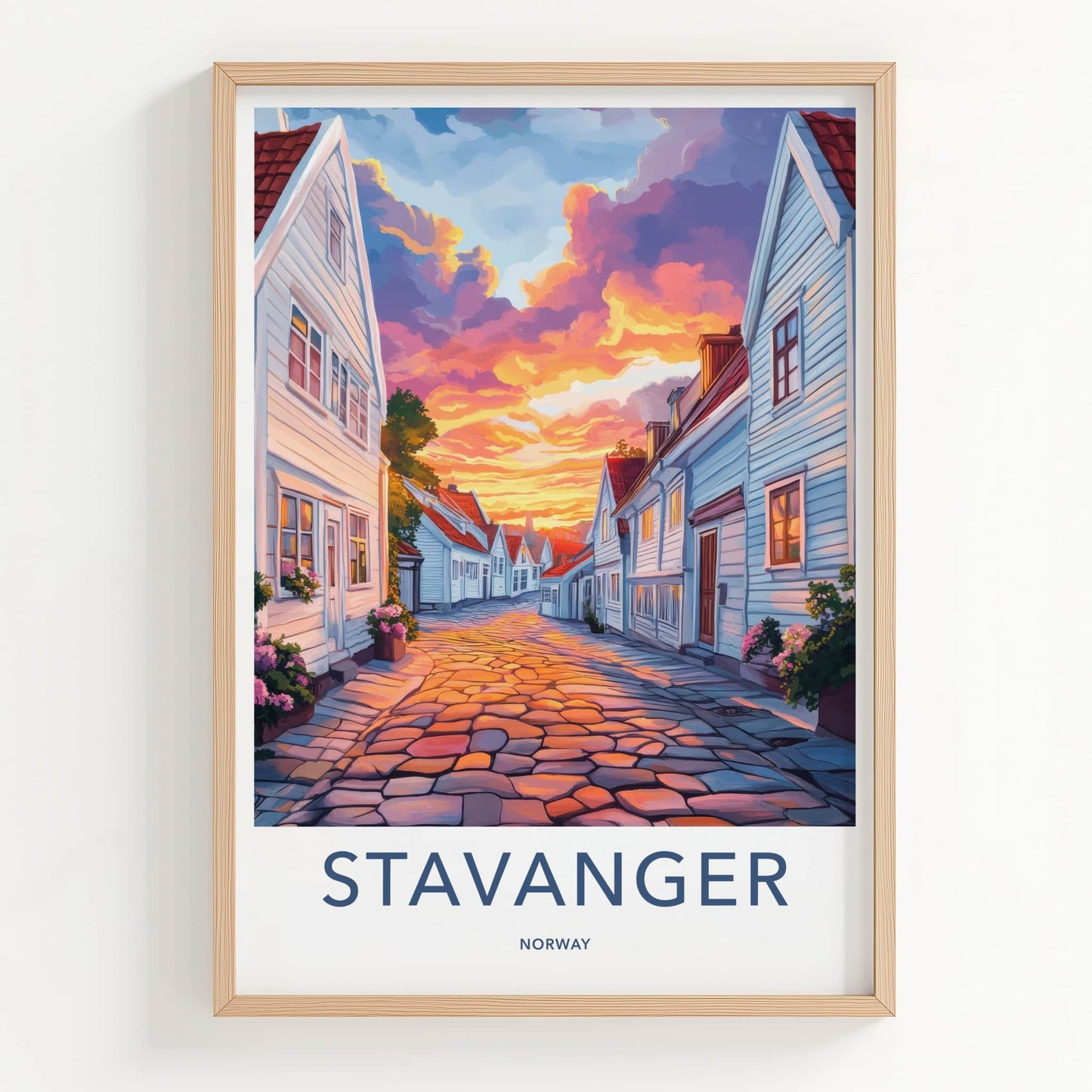 Stavanger Poster - Norway Travel Art - Cobblestone Street Sunset Home Decor