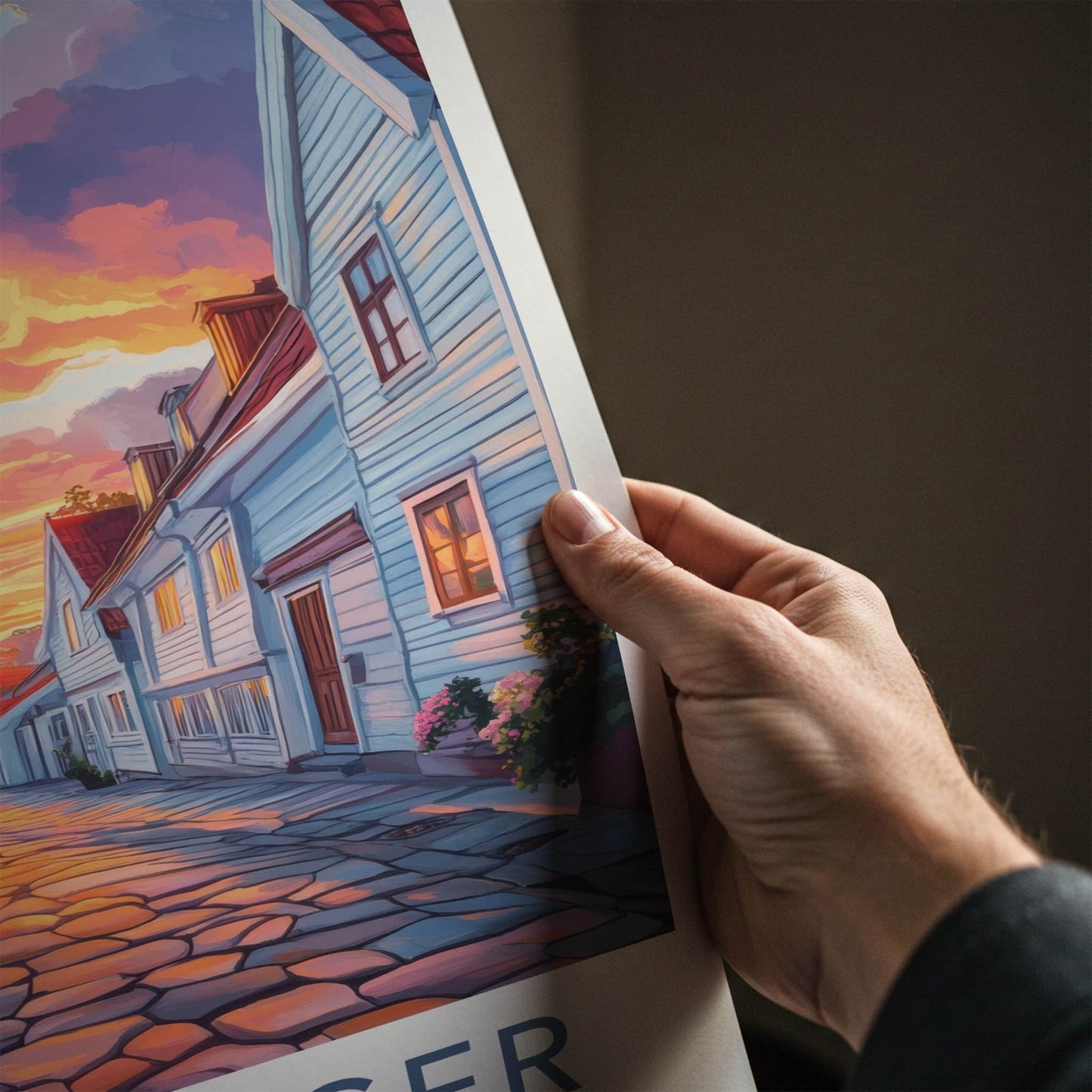 Stavanger Poster - Norway Travel Art - Cobblestone Street Sunset Home Decor