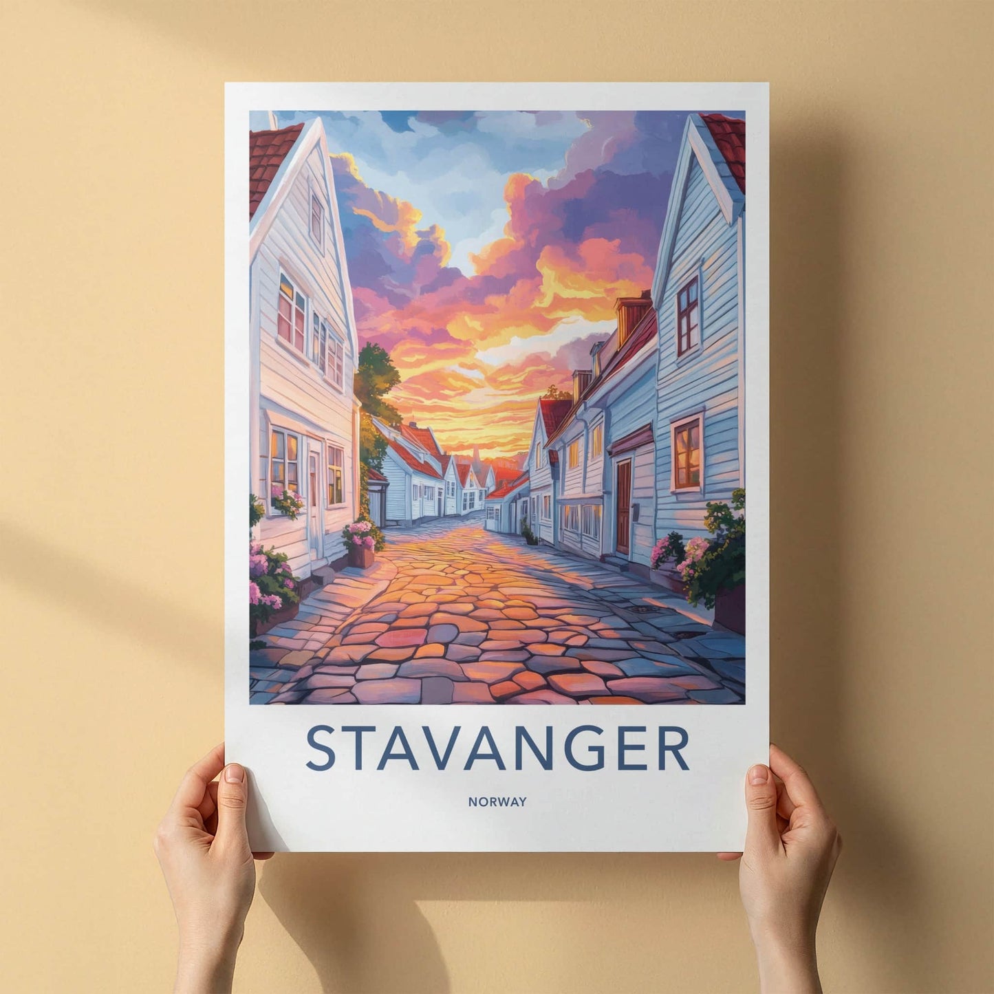 Stavanger Poster - Norway Travel Art - Cobblestone Street Sunset Home Decor