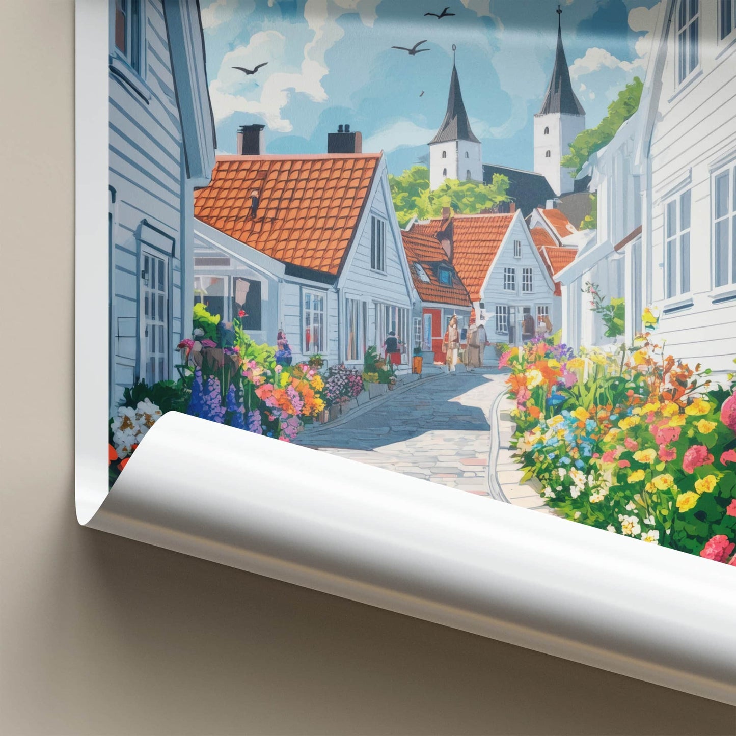 Stavanger Poster - Norway Travel Art - Colorful Village Alley Home Decor