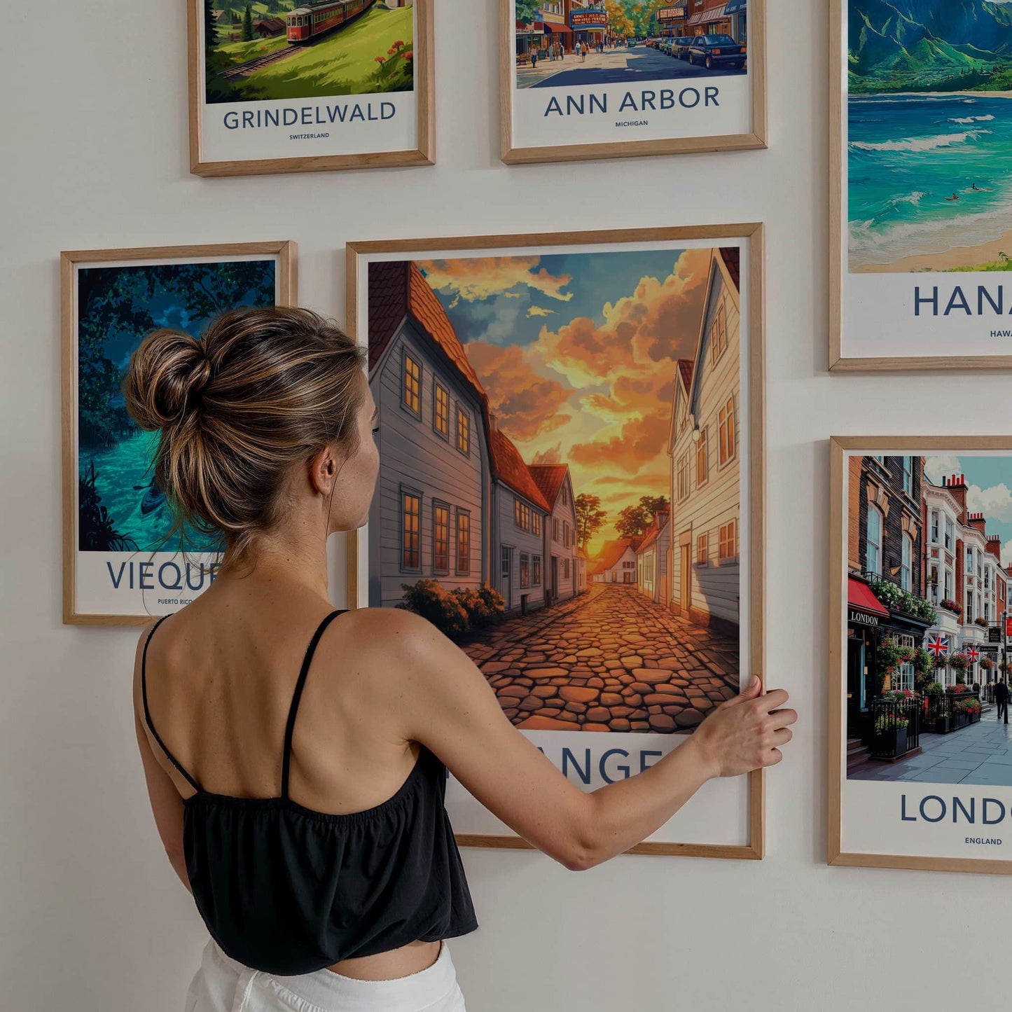 Stavanger Poster - Norway Travel Art - Orange Sunset Street Home Decor