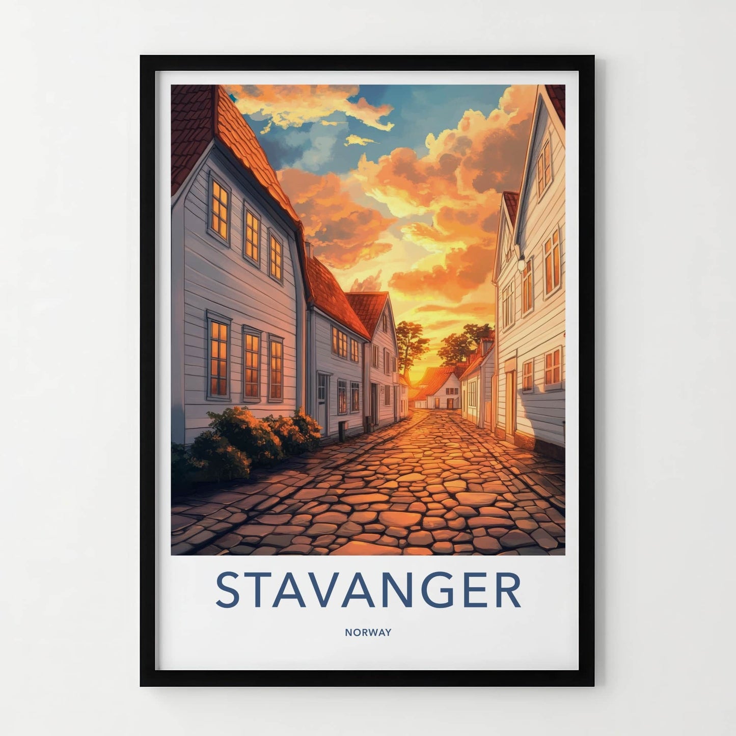 Stavanger Poster - Norway Travel Art - Orange Sunset Street Home Decor