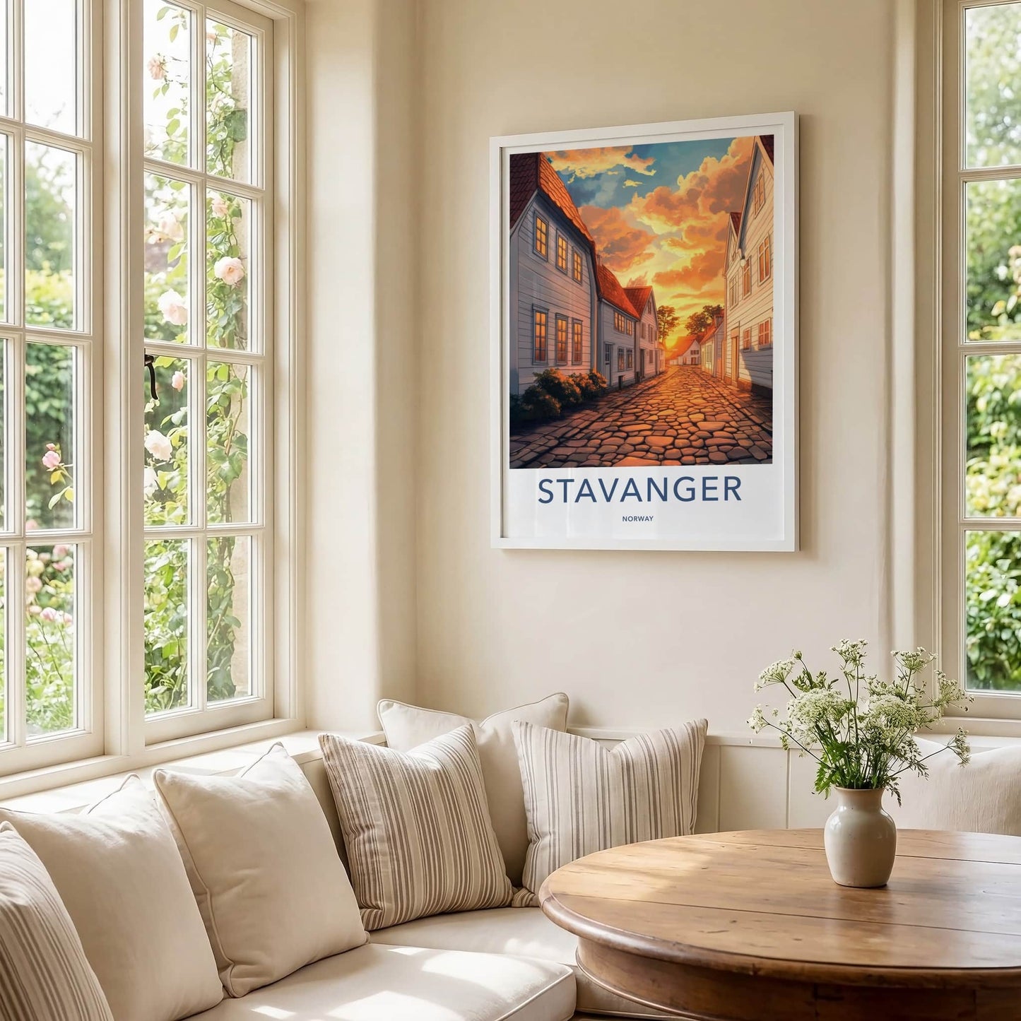 Stavanger Poster - Norway Travel Art - Orange Sunset Street Home Decor