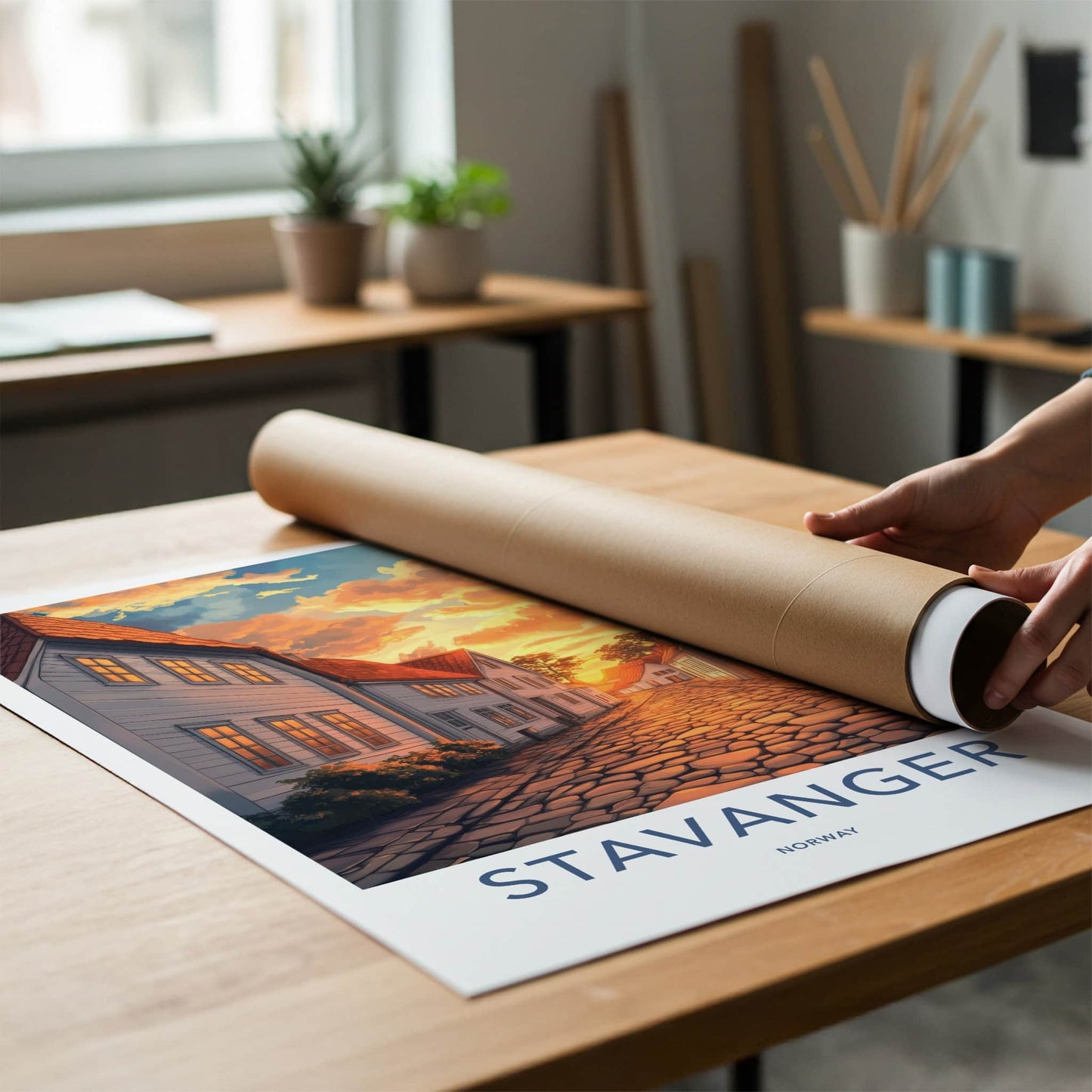 Stavanger Poster - Norway Travel Art - Orange Sunset Street Home Decor