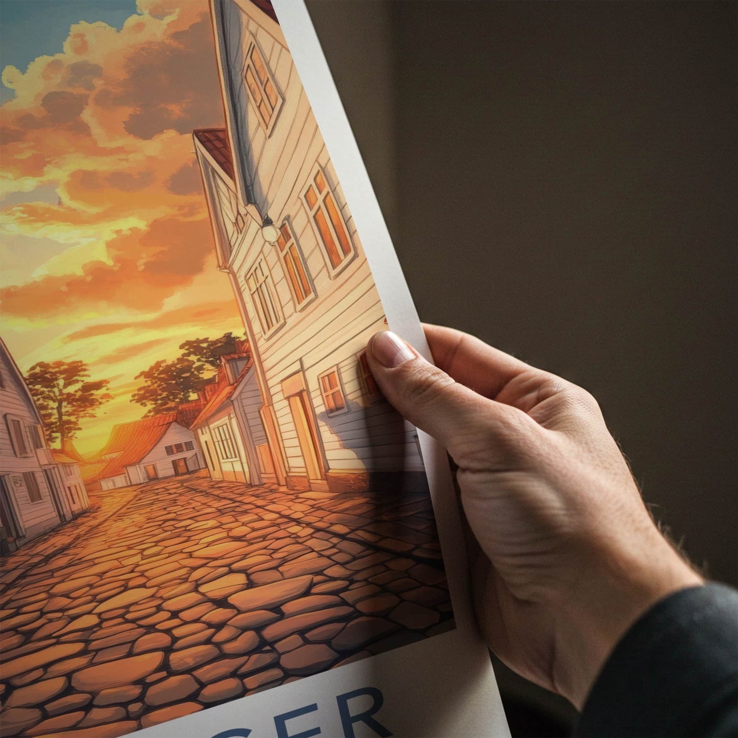 Stavanger Poster - Norway Travel Art - Orange Sunset Street Home Decor