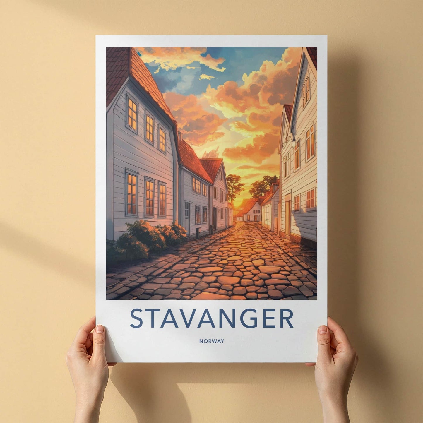 Stavanger Poster - Norway Travel Art - Orange Sunset Street Home Decor