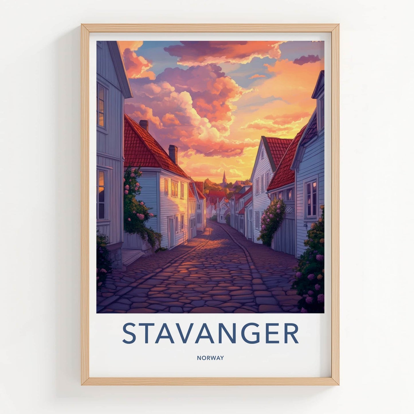 Stavanger Poster - Norway Travel Print - Vibrant Sunset Street Home Decor