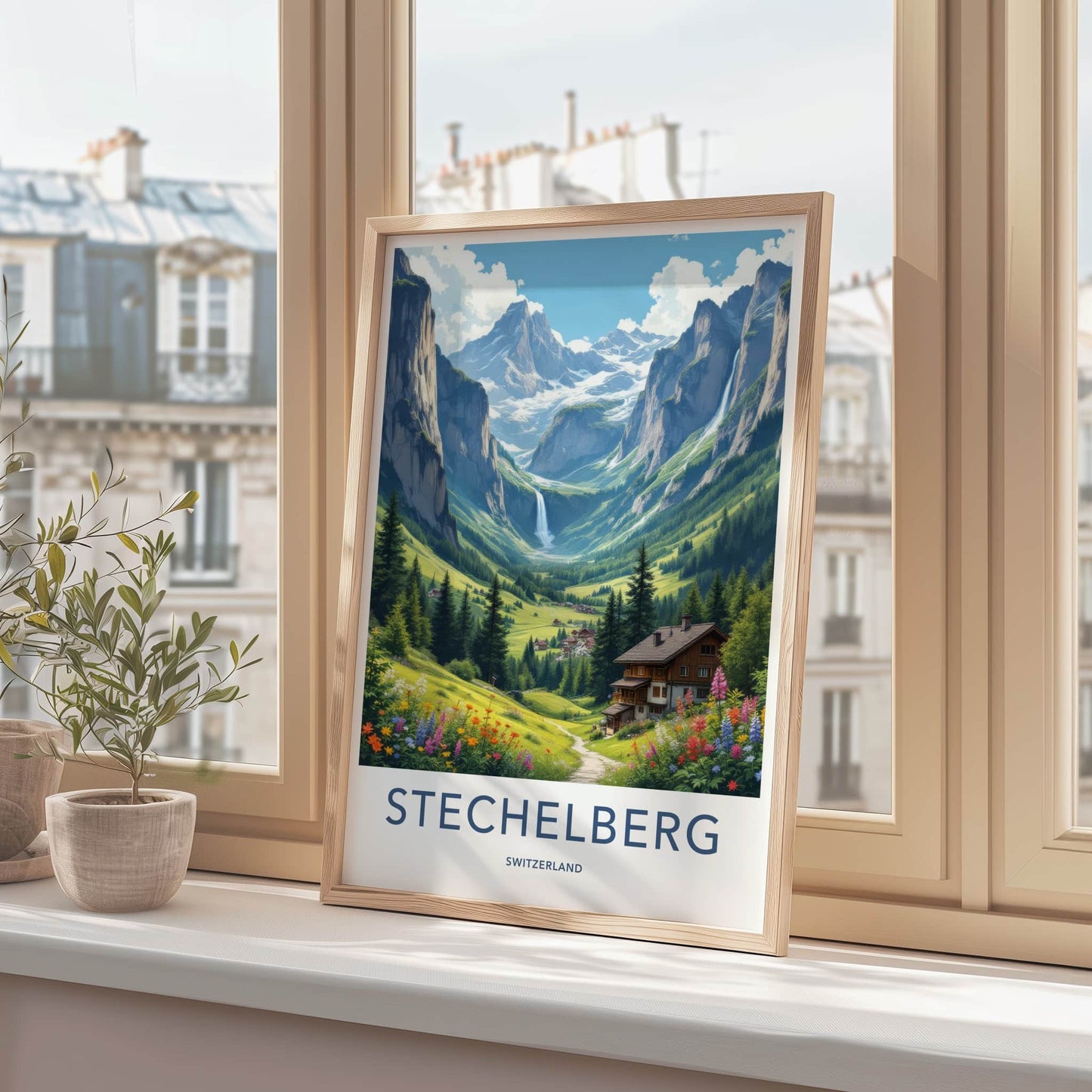STECHELBERG Poster - Switzerland Travel Art - Alpine Valley Waterfalls Home Decor