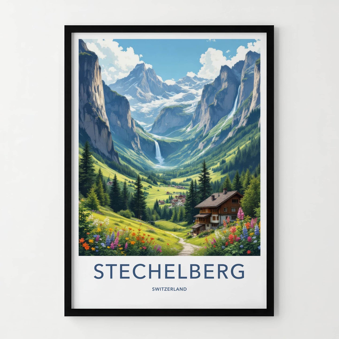 STECHELBERG Poster - Switzerland Travel Art - Alpine Valley Waterfalls Home Decor