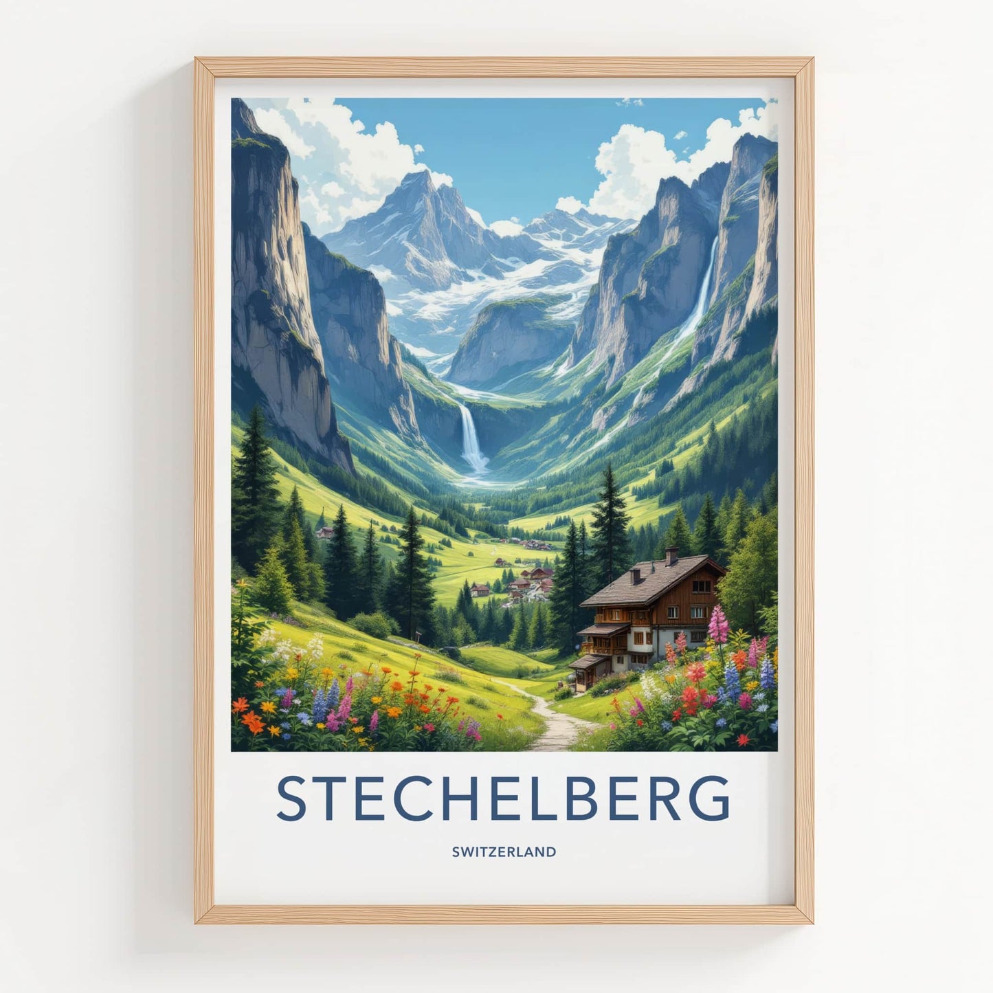 STECHELBERG Poster - Switzerland Travel Art - Alpine Valley Waterfalls Home Decor