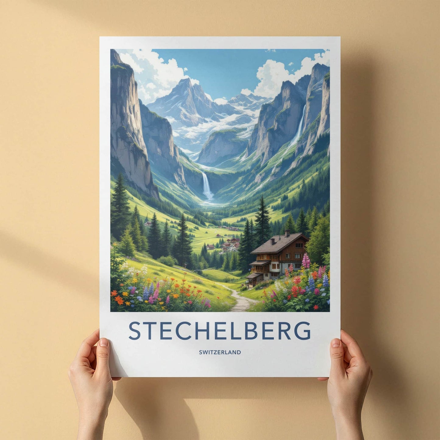 STECHELBERG Poster - Switzerland Travel Art - Alpine Valley Waterfalls Home Decor