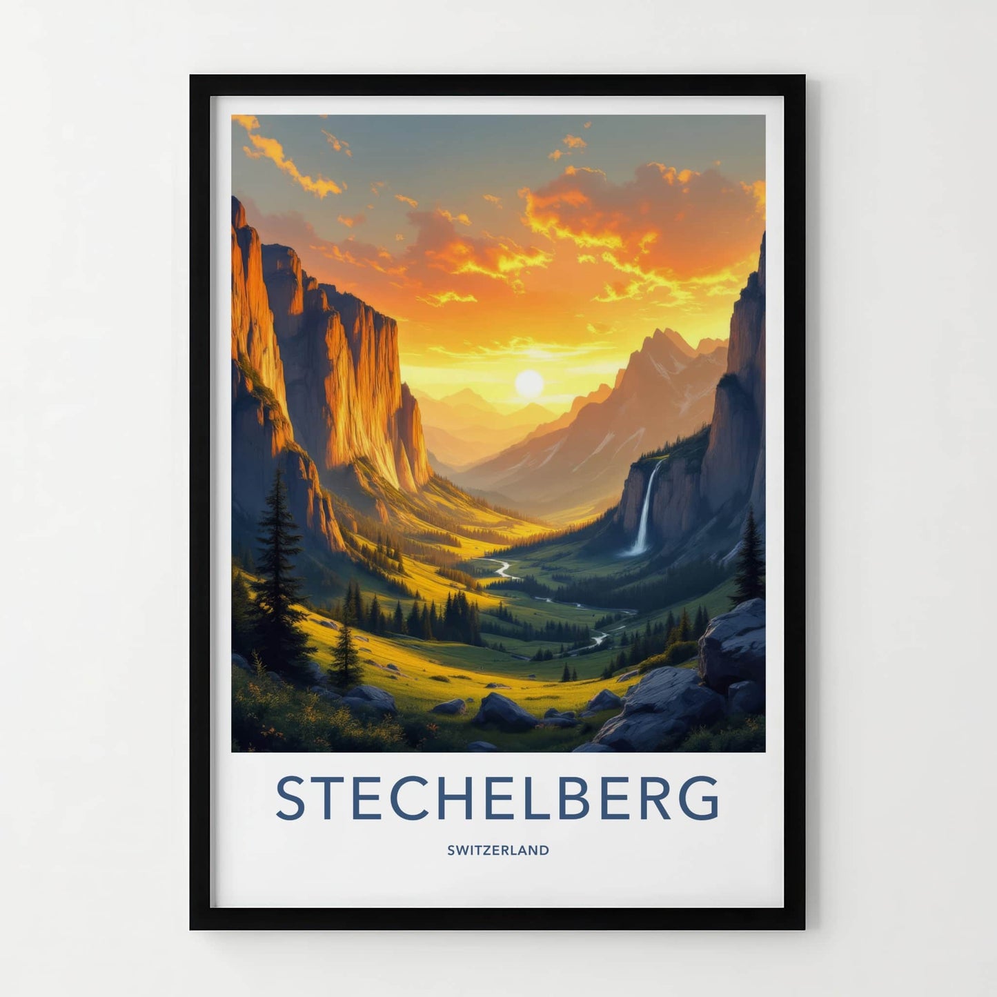 Stechelberg Poster - Switzerland Travel Art - Golden Valley Waterfall Home Decor