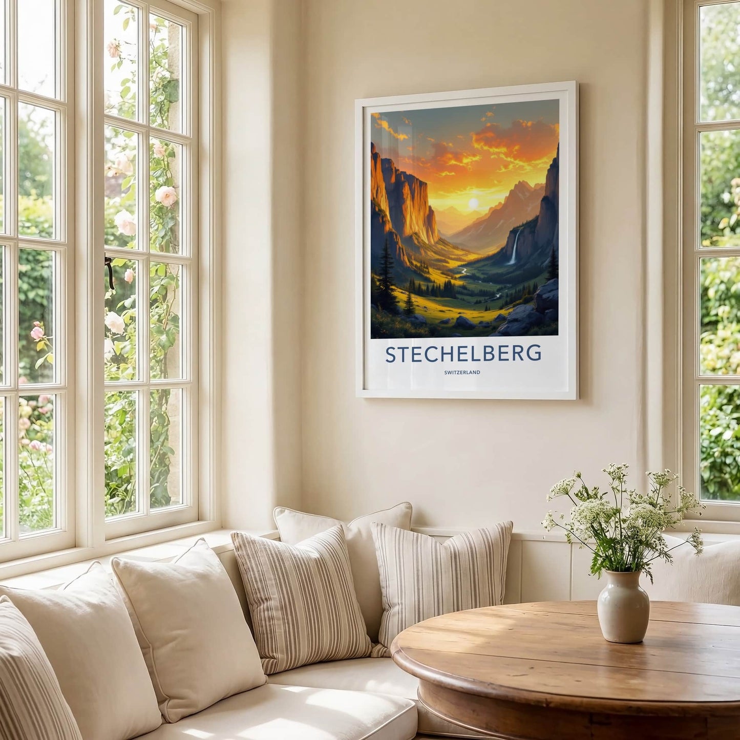 Stechelberg Poster - Switzerland Travel Art - Golden Valley Waterfall Home Decor