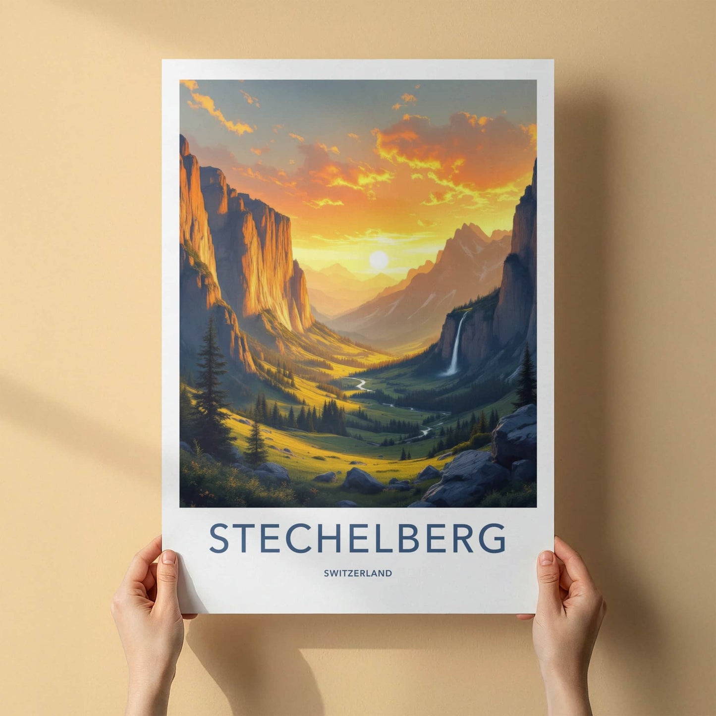 Stechelberg Poster - Switzerland Travel Art - Golden Valley Waterfall Home Decor