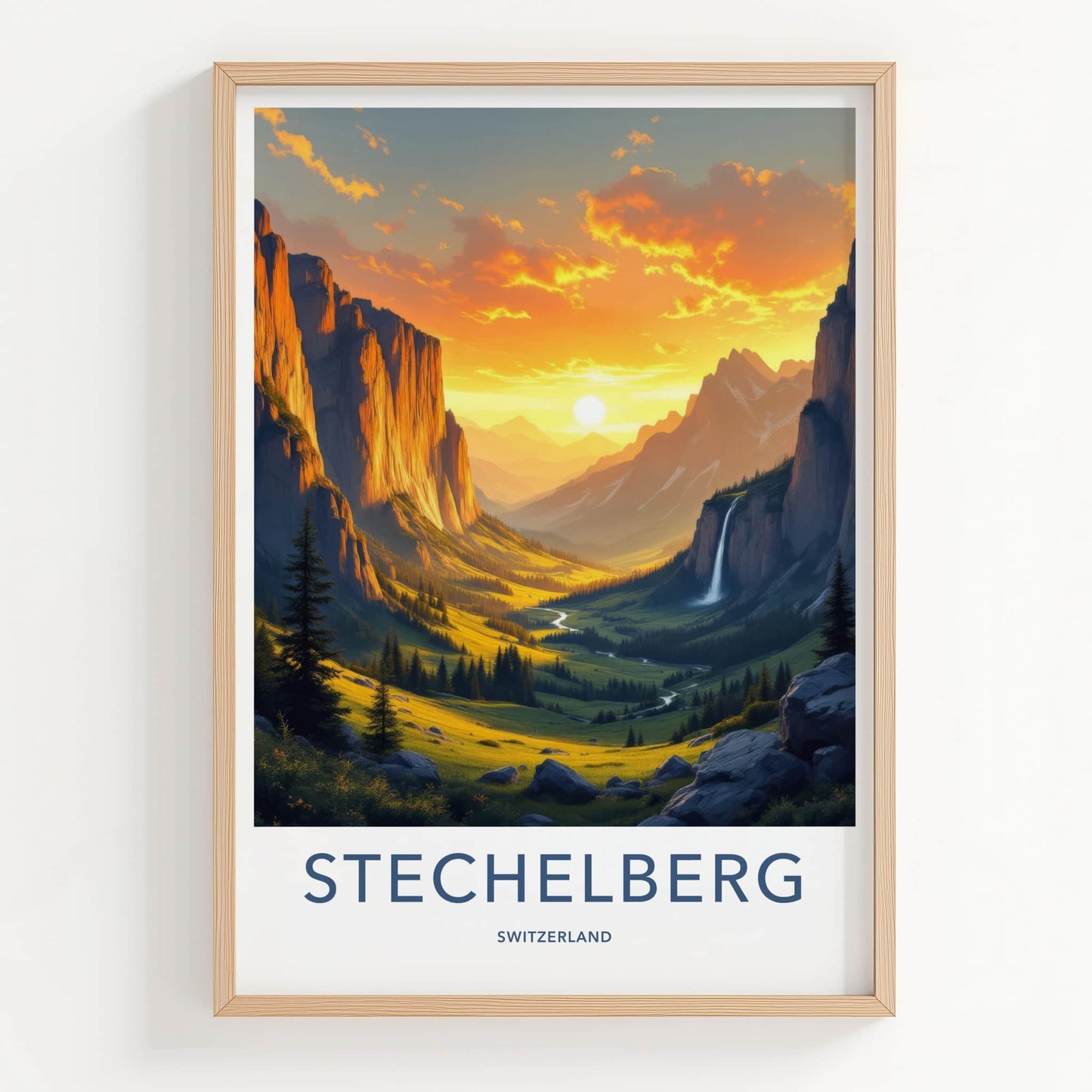 Stechelberg Poster - Switzerland Travel Art - Golden Valley Waterfall Home Decor