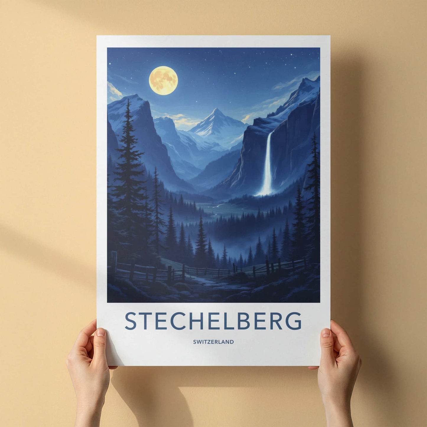 Stechelberg Poster - Switzerland Travel Art - Moonlit Valley Waterfall Wall Decor