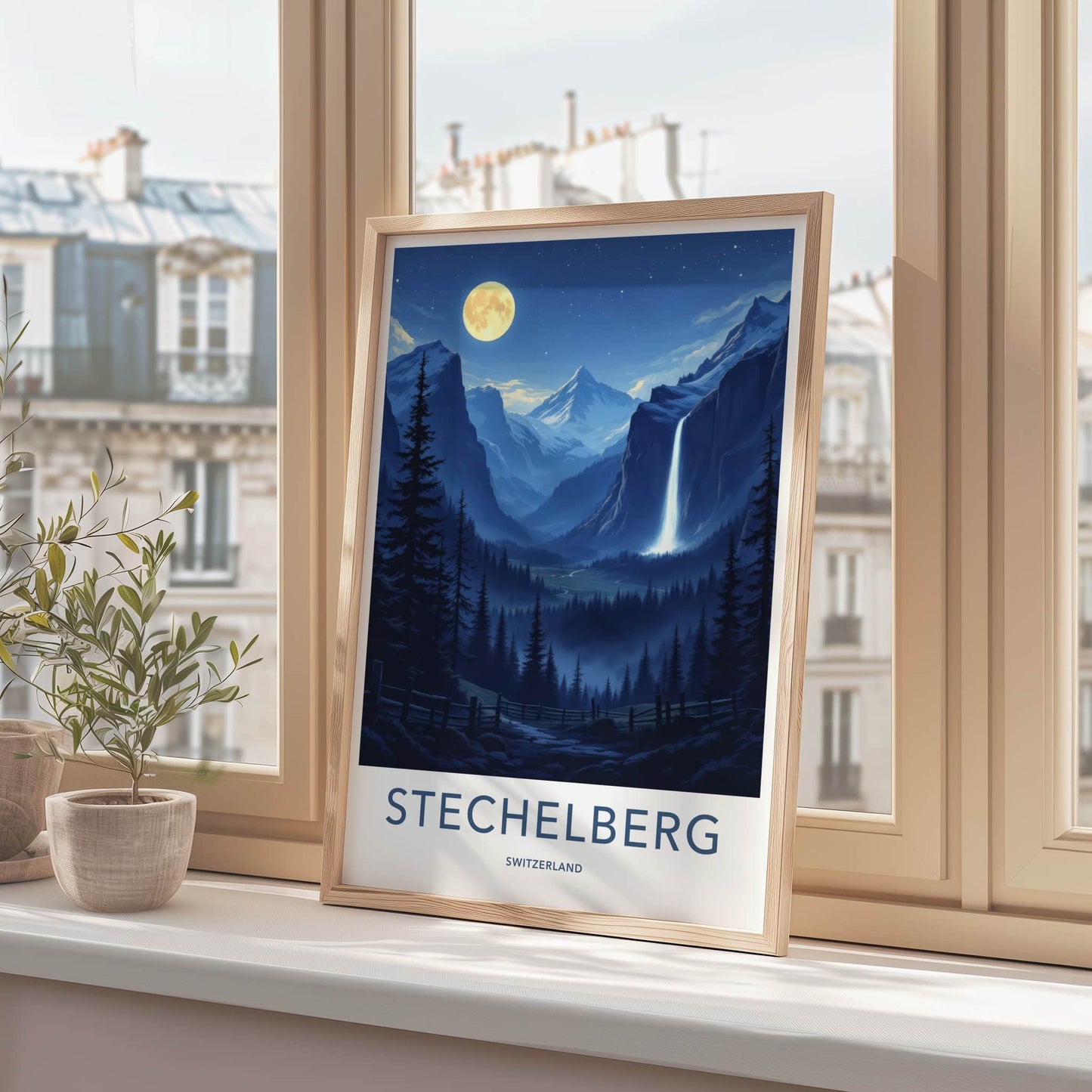 Stechelberg Poster - Switzerland Travel Art - Moonlit Valley Waterfall Wall Decor