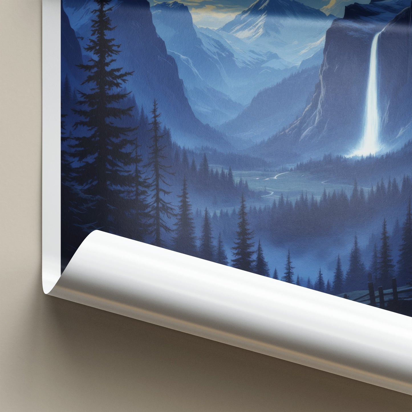 Stechelberg Poster - Switzerland Travel Art - Moonlit Valley Waterfall Wall Decor