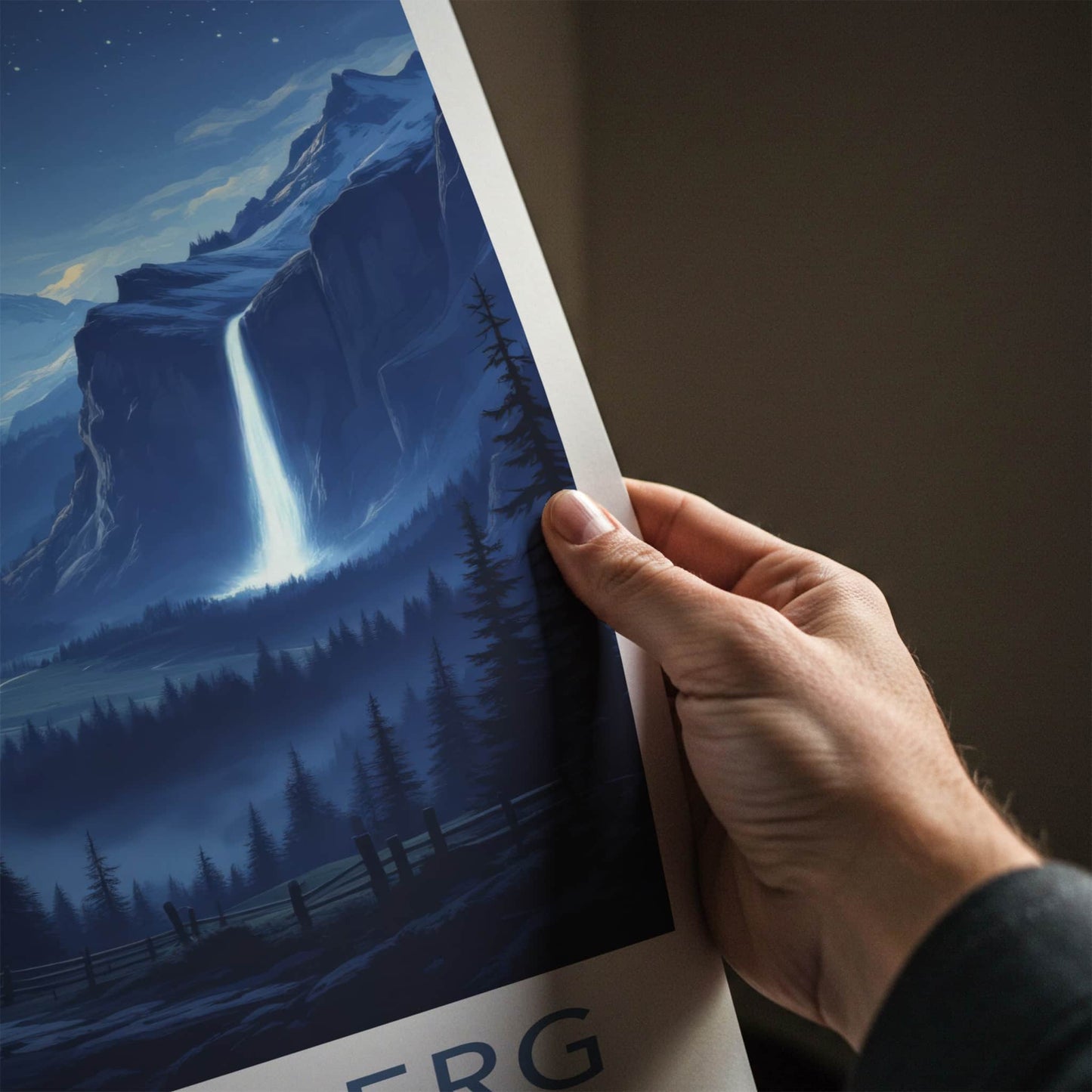 Stechelberg Poster - Switzerland Travel Art - Moonlit Valley Waterfall Wall Decor