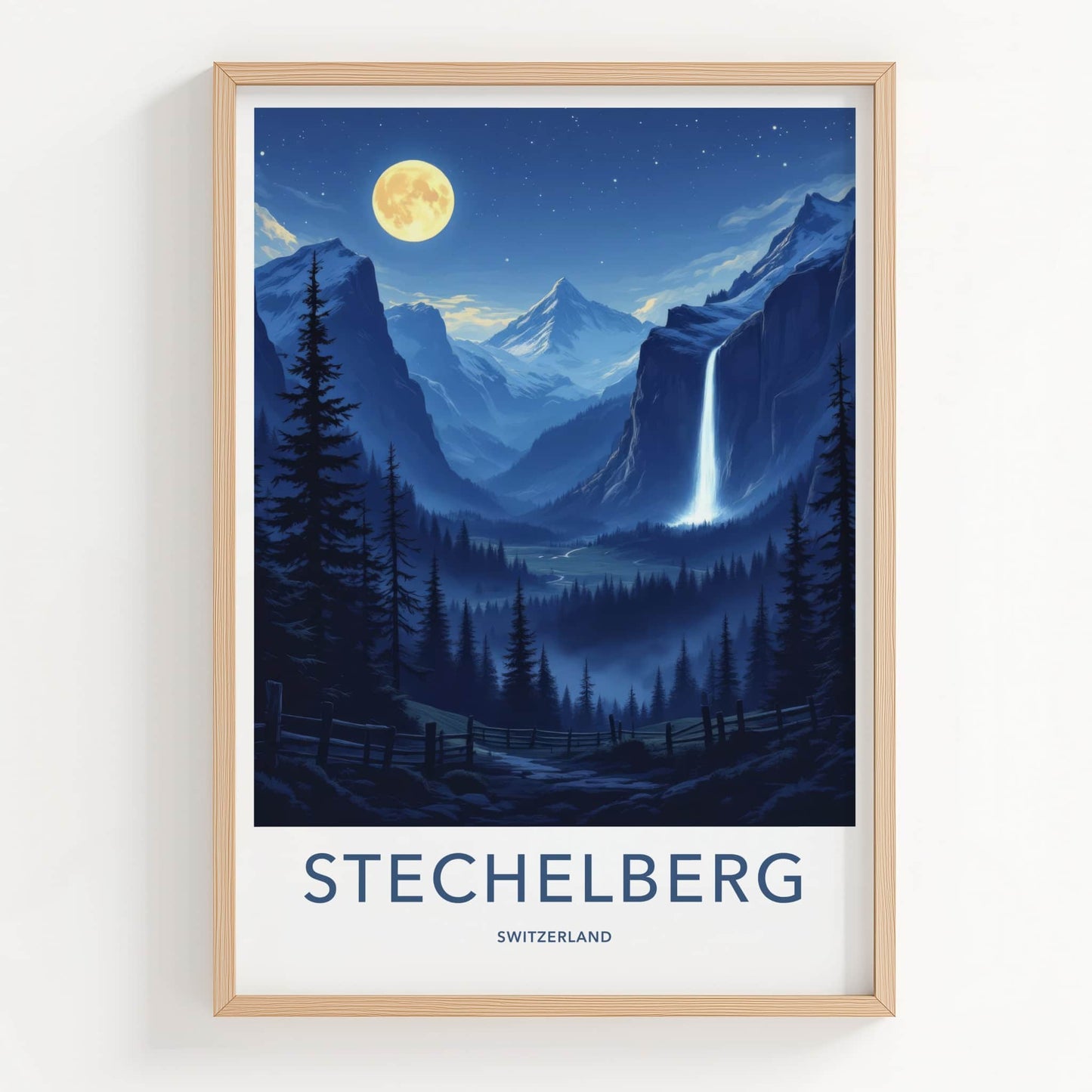 Stechelberg Poster - Switzerland Travel Art - Moonlit Valley Waterfall Wall Decor