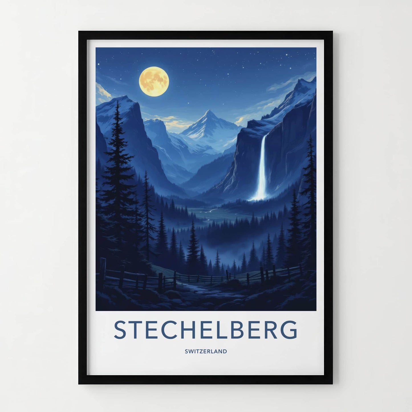 Stechelberg Poster - Switzerland Travel Art - Moonlit Valley Waterfall Wall Decor