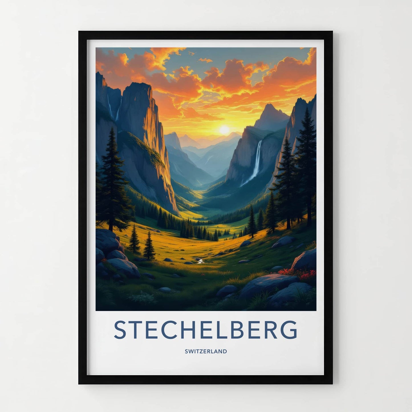 Stechelberg Poster - Switzerland Travel Print - Alpine Valley Waterfall Wall Decor