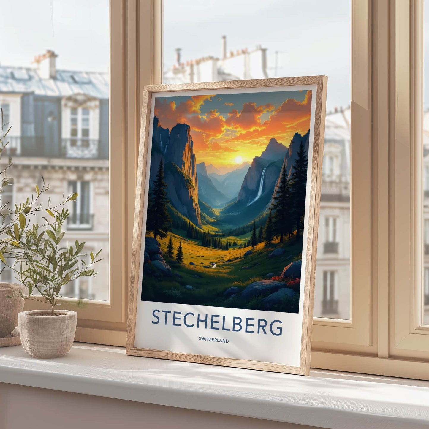 Stechelberg Poster - Switzerland Travel Print - Alpine Valley Waterfall Wall Decor