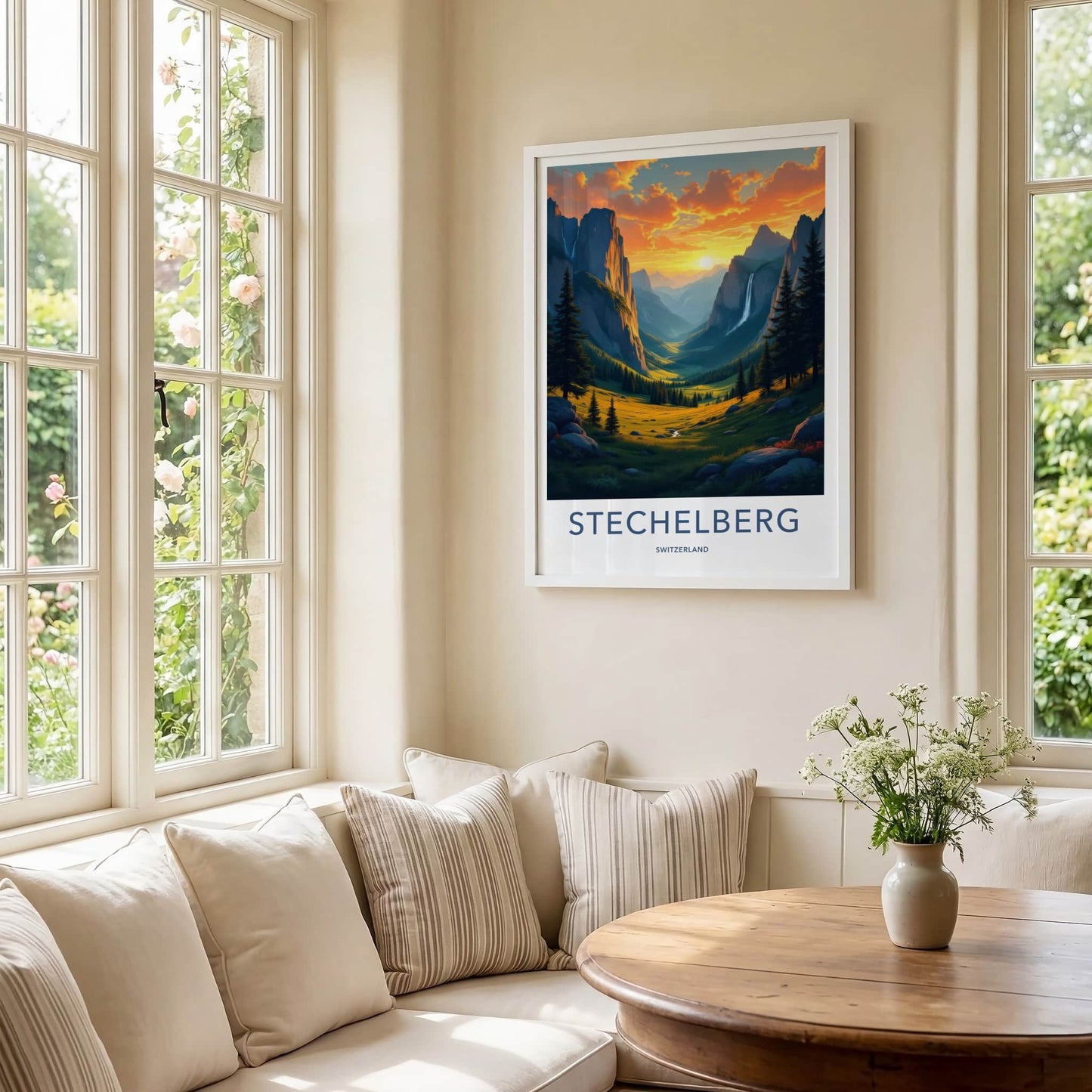Stechelberg Poster - Switzerland Travel Print - Alpine Valley Waterfall Wall Decor