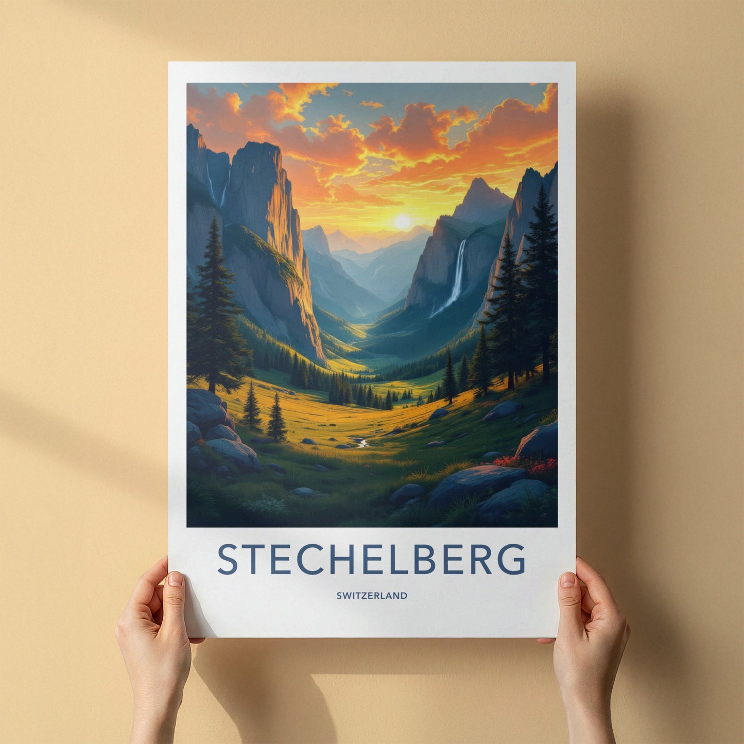 Stechelberg Poster - Switzerland Travel Print - Alpine Valley Waterfall Wall Decor