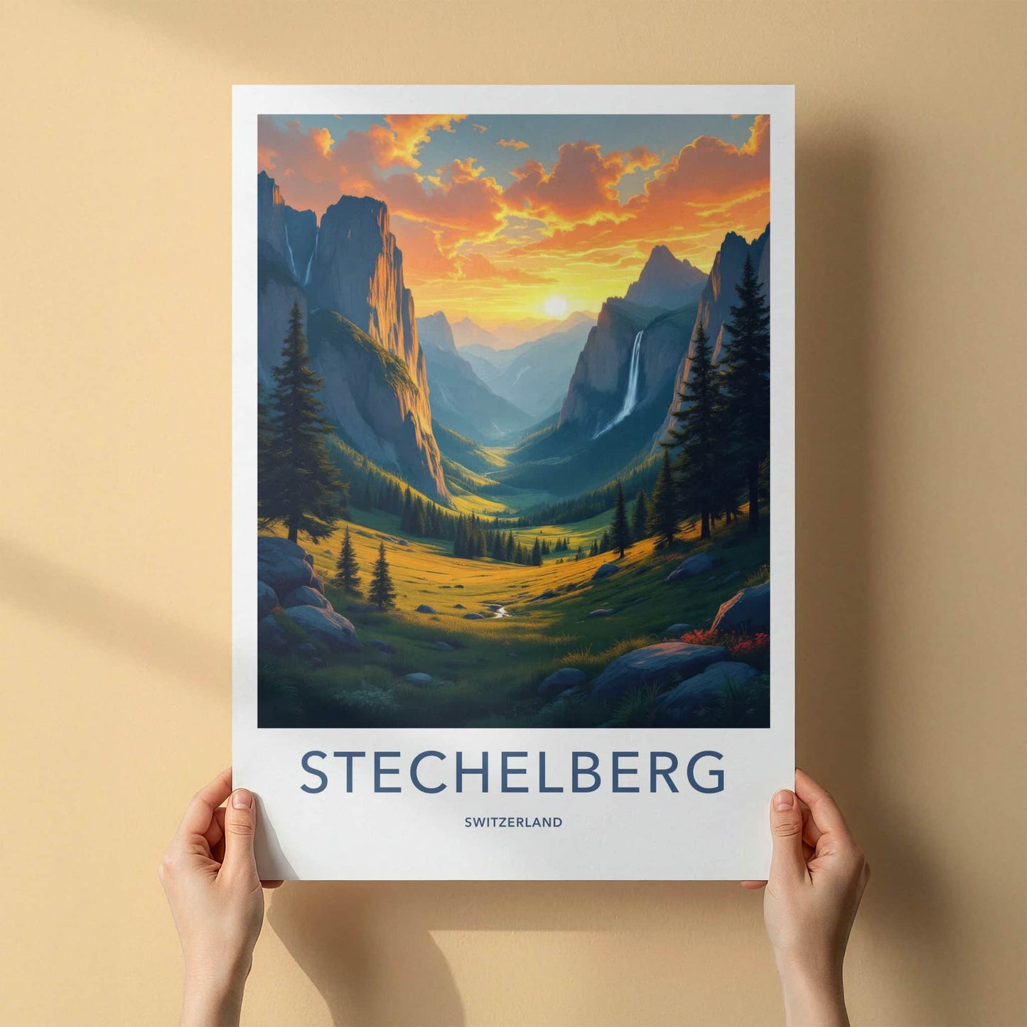 Stechelberg Poster - Switzerland Travel Print - Alpine Valley Waterfall Wall Decor