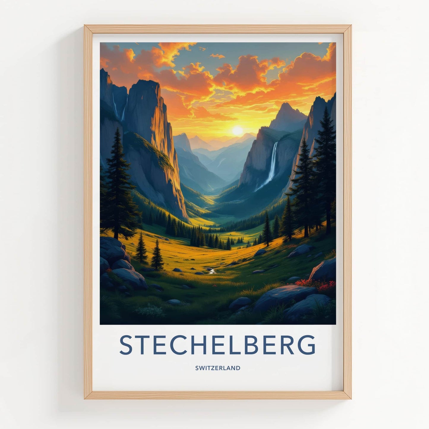 Stechelberg Poster - Switzerland Travel Print - Alpine Valley Waterfall Wall Decor