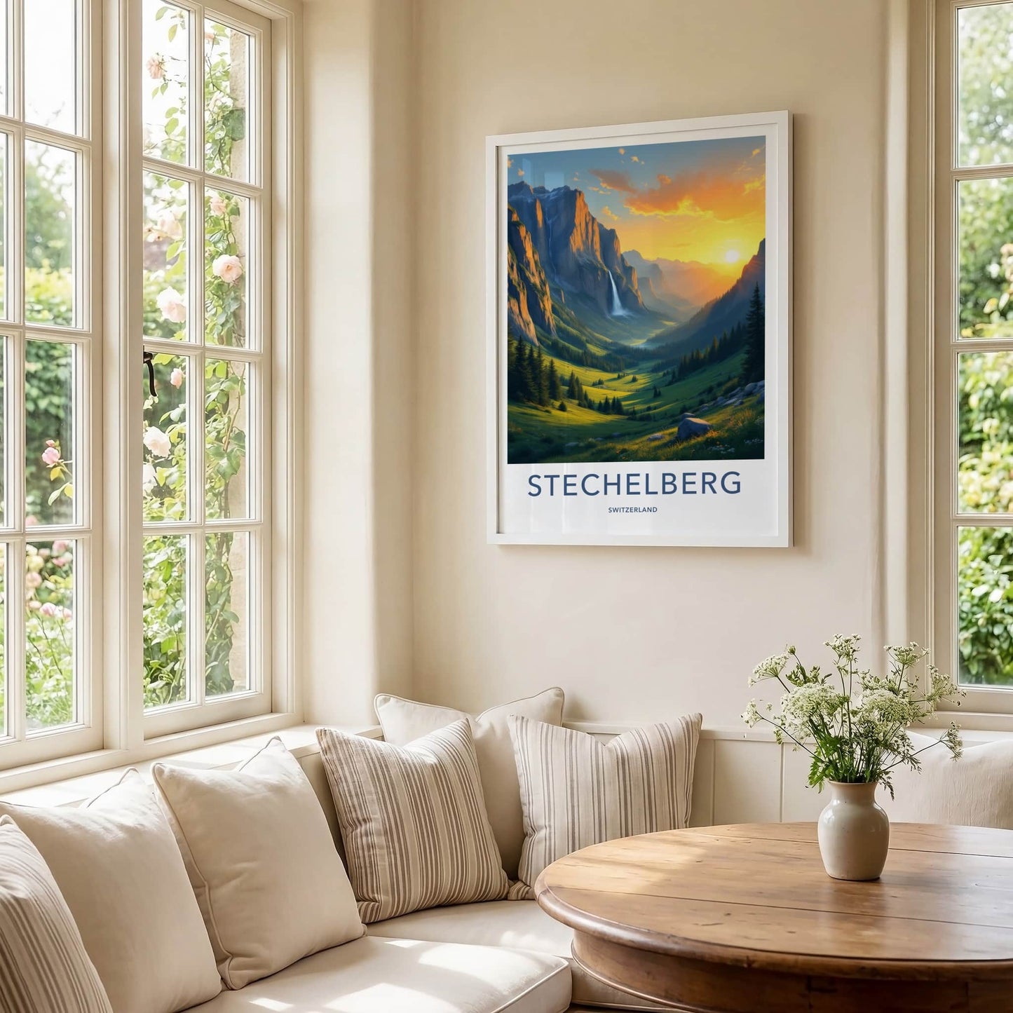 Stechelberg Poster - Switzerland Travel Print - Sunset Valley Waterfall Home Decor